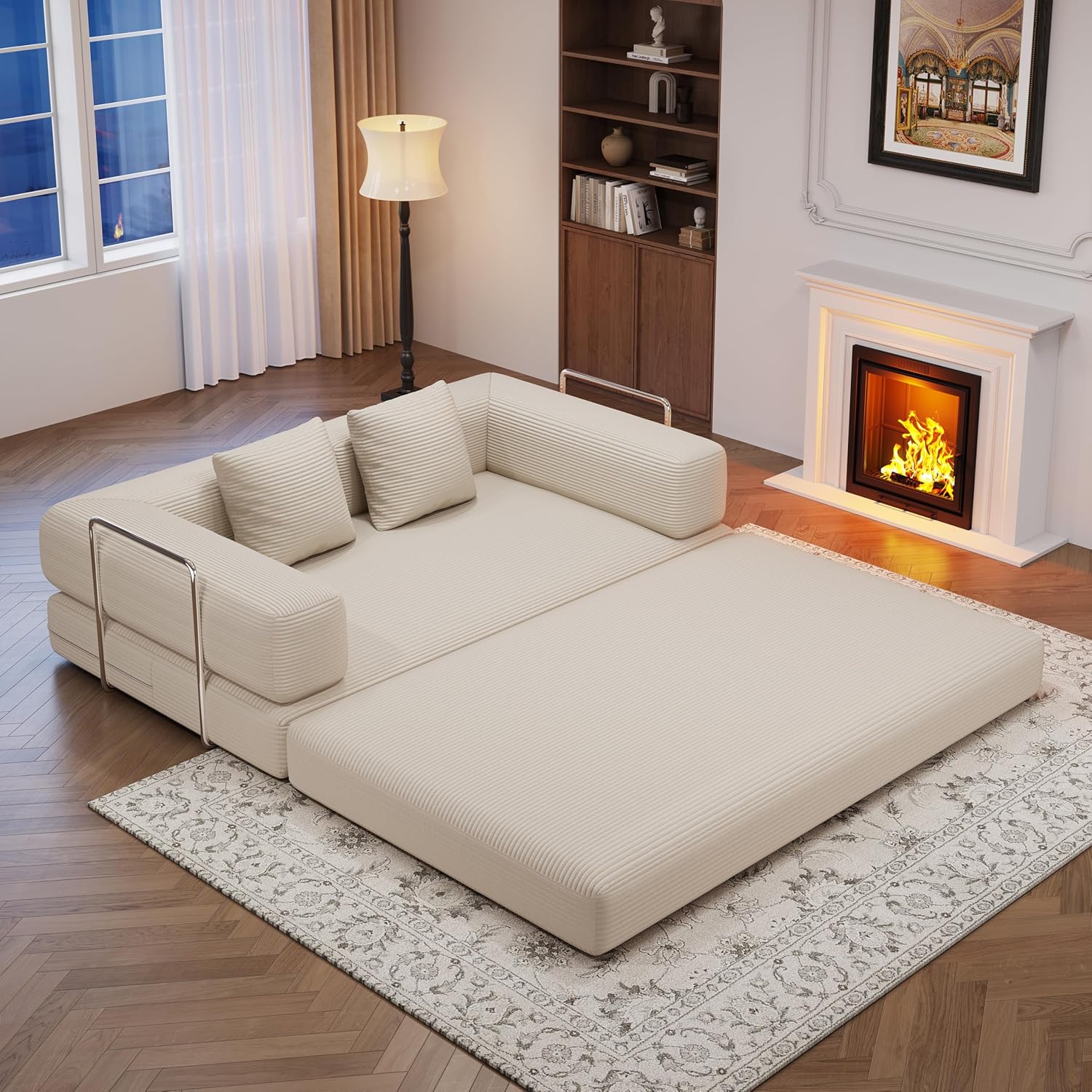 59" 2-Seat Beige Teddy Fabric 4-in-1 Foldable Queen Size Foam Compressed Convertible Sofa Bed