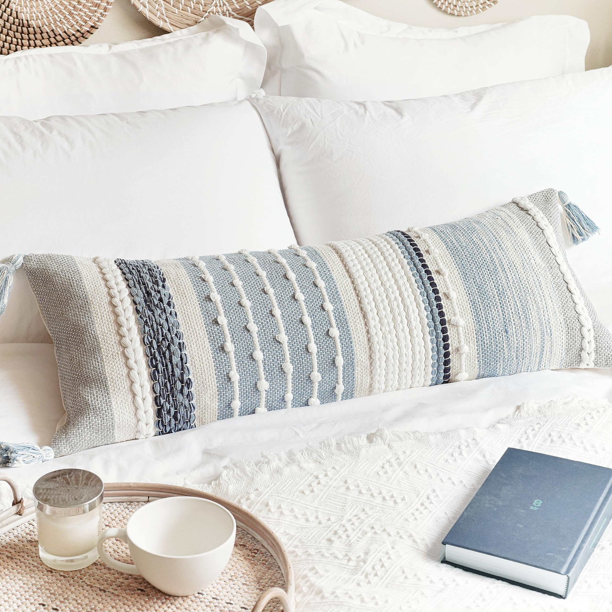 BlissBlush Coastal Blue Boho Decorative Throw Pillow Cover 18x18 Modern Bohemian Accent Pillow Case Square Woven Textured Farmhouse Pillows for Couch Bed (Pack of 1)