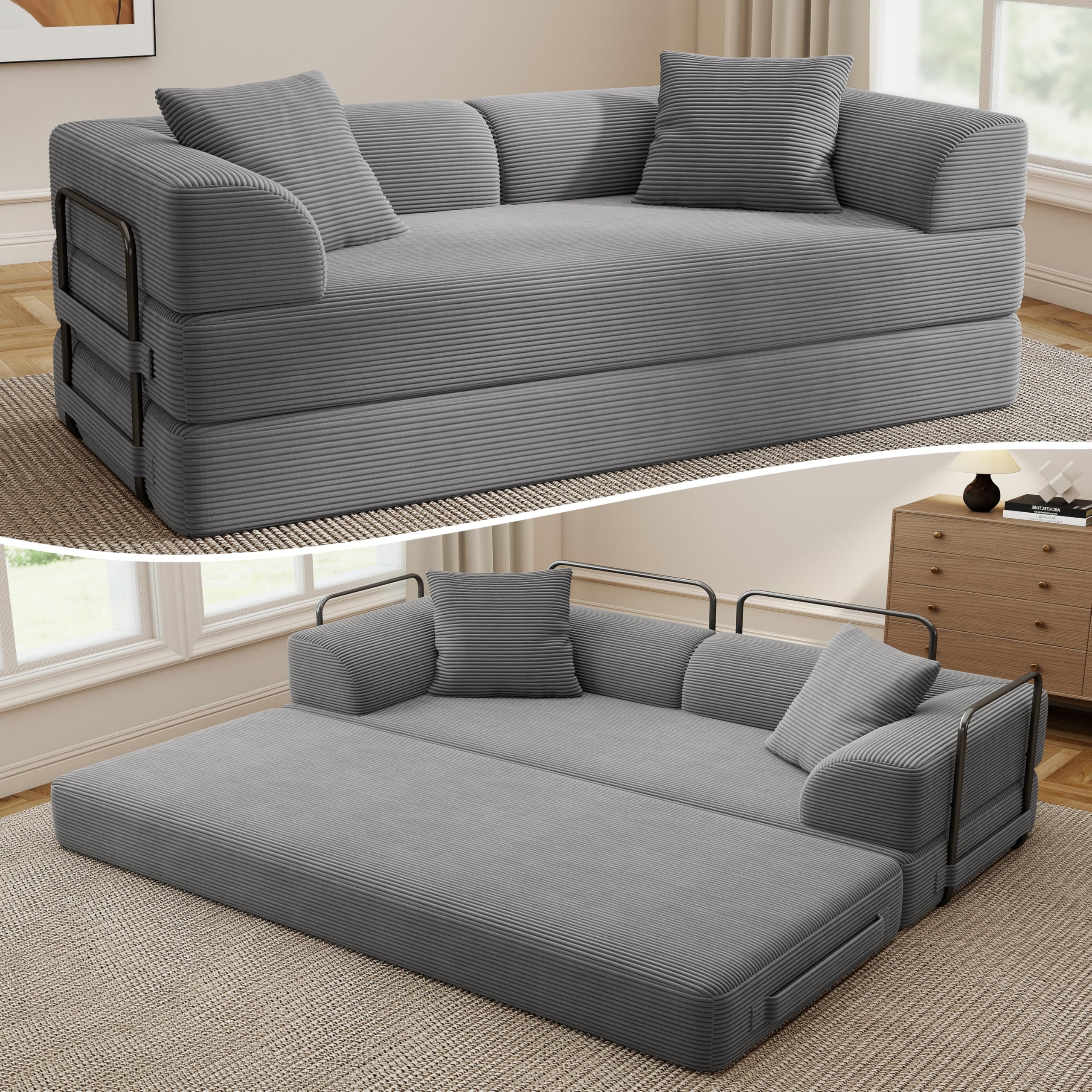 Cloud Boneless Couch Futon Sofa Bed, 5-in-1 Convertible Sofa Bed Pull Out Couch Sleeper Sofa Compressed Loveseat, 70" High-Density Sponge & Corduroy Fabric Futon Daybed for Living Room Bedroom (Gray) | 5-in-1 Convertible