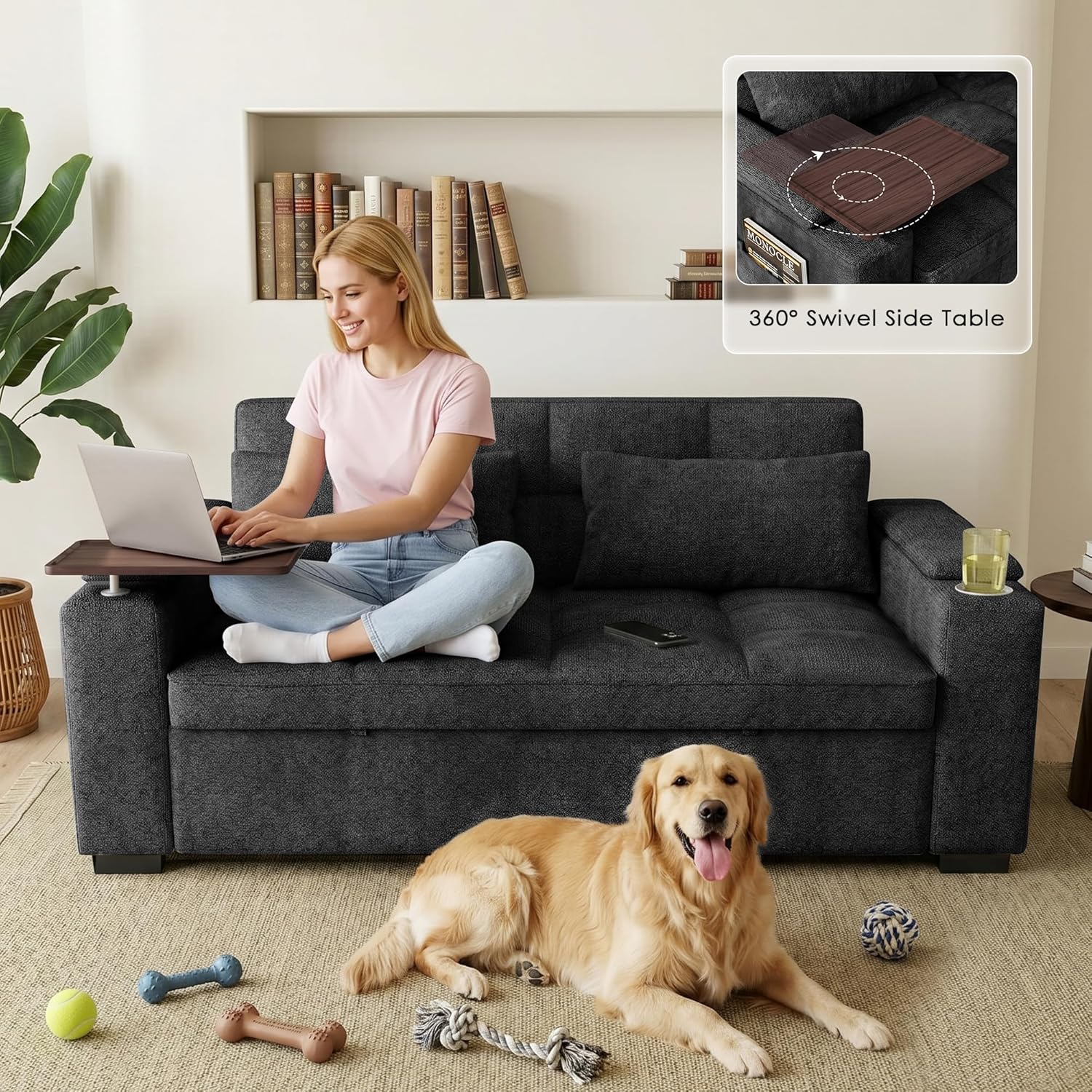 68'' Sleeper Sofa Bed, Pull Out Couch with 360° Swivel Side Table | USB Port | Adjustable Backrest | Cup Holder | Chenille Fabric Loveseat for Living Room, Apartment, Office (Black)
