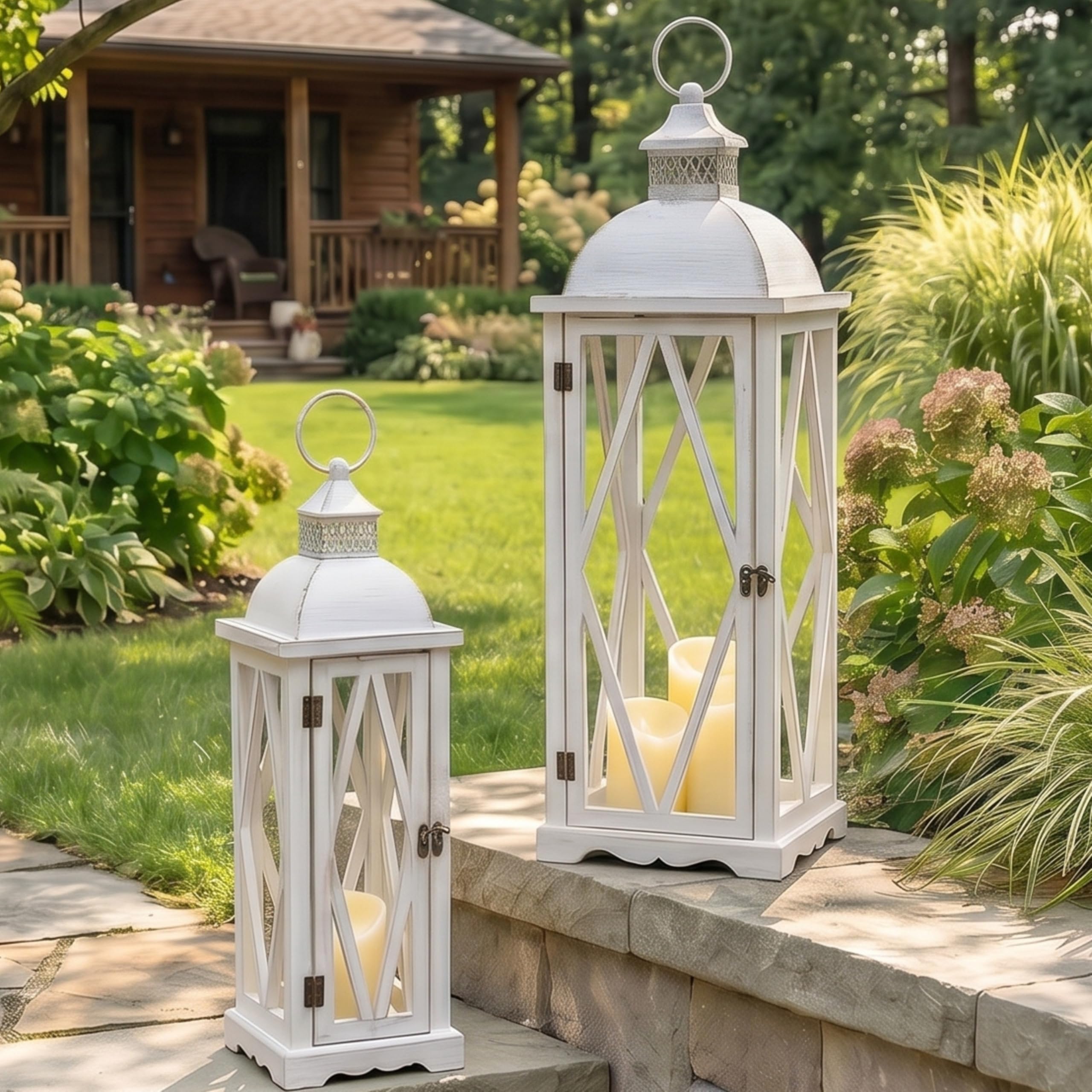 Perfnique Farmhouse Outdoor Lanterns for Patio, Set of 2 Rustic Lanterns Decor, Vintage Hanging Candle Holder Decorative for Porch, Garden, Yard, Indoor (No Glass, Dark Brown)