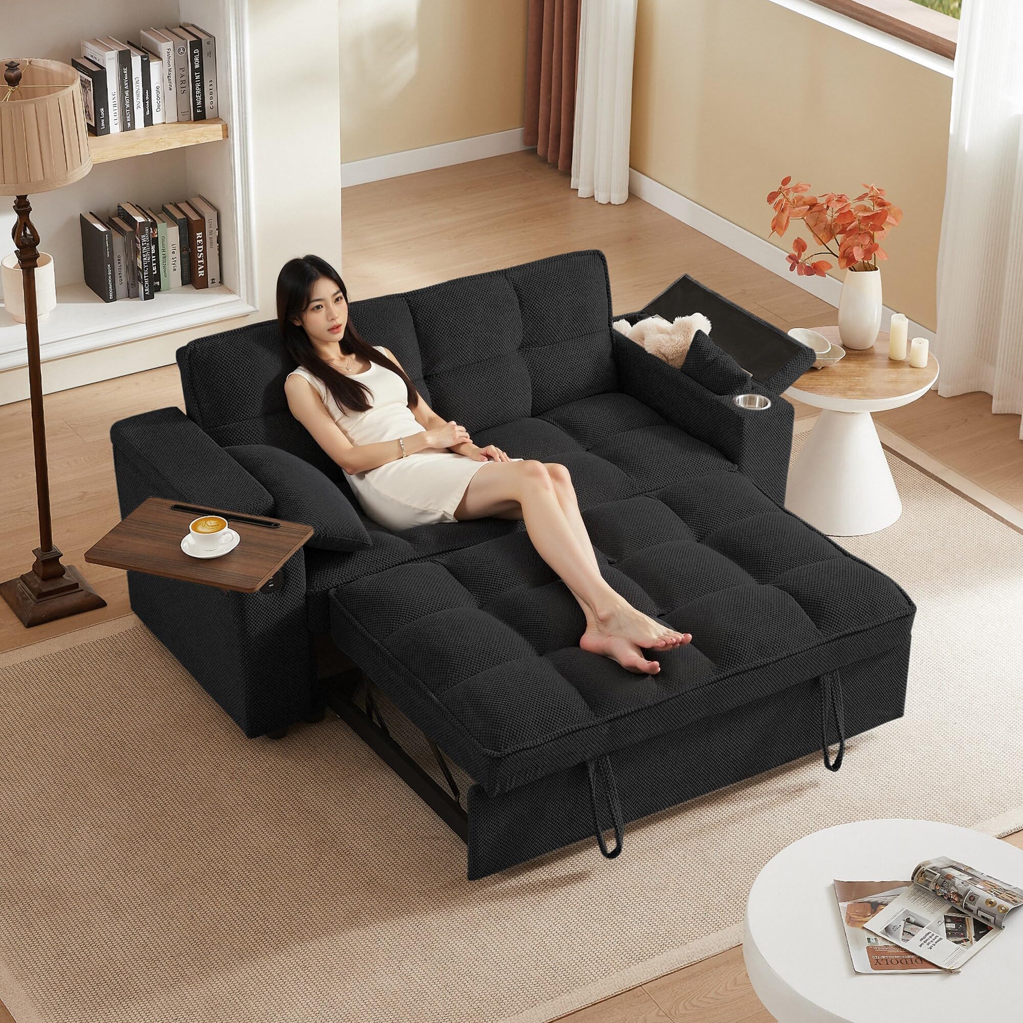 hansones 65'' 3-in-1 Folding Convertible Sofa Bed, Pullout Sofa, Modern Chenille Fabric, 360° Swivel Side Table, Easy Assembly, Perfect for Living Room, Black