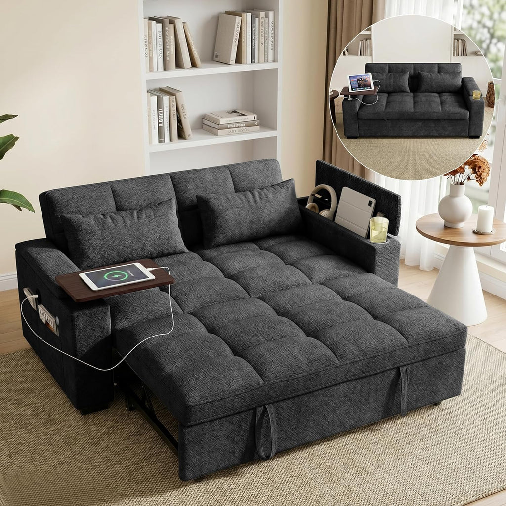 68'' Sleeper Sofa Bed, Pull Out Couch with 360° Swivel Side Table | USB Port | Adjustable Backrest | Cup Holder | Chenille Fabric Loveseat for Living Room, Apartment, Office (Black)