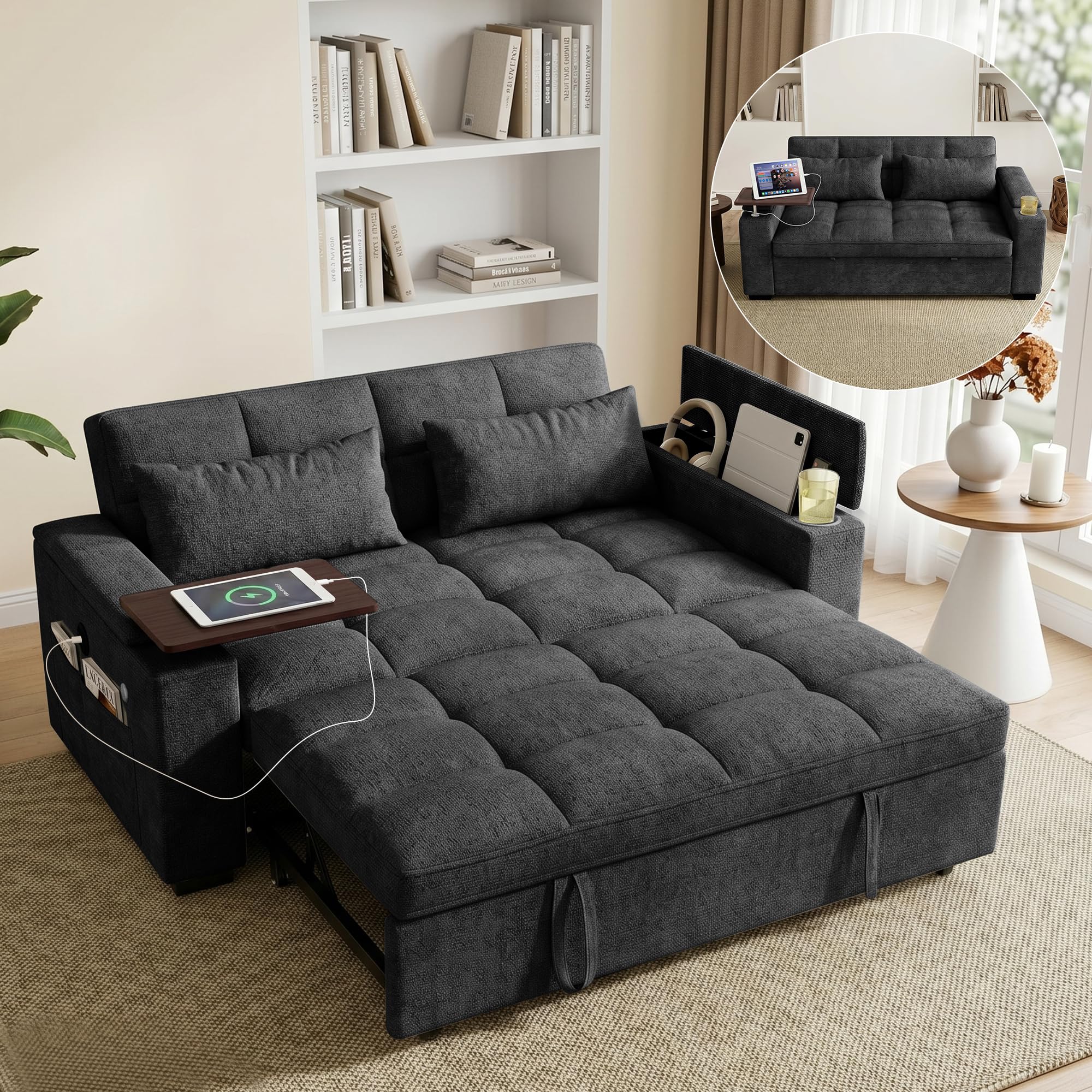 68'' Sleeper Sofa Bed, Pull Out Couch with 360° Swivel Side Table | USB Port | Adjustable Backrest | Cup Holder | Chenille Fabric Loveseat for Living Room, Apartment, Office (Black)