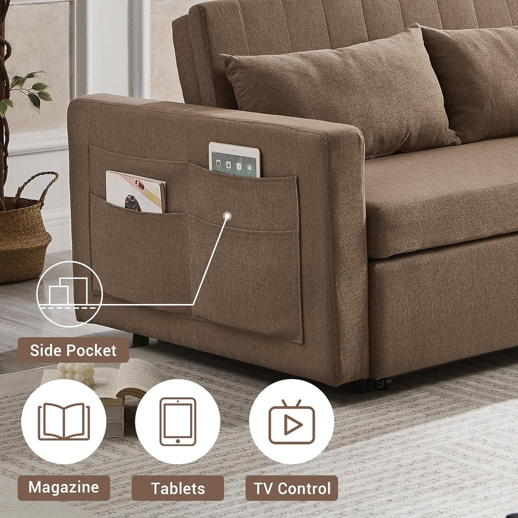 55.5" Fabric Convertible Sofa Bed, Pull Out Sleeper Sofa Bed, Loveseat Couch with Side Pocket, 3 in 1 Convertible Sleeper Sofa Bed for Living Room, Apartment, Bedroom, RV, Brown