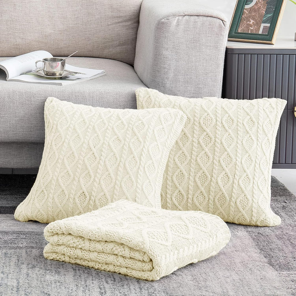 Cream White Homiest 3-Piece Cable Knit Throw Blanket & Pillow Cover Set for Sofa Couch Bed Decor