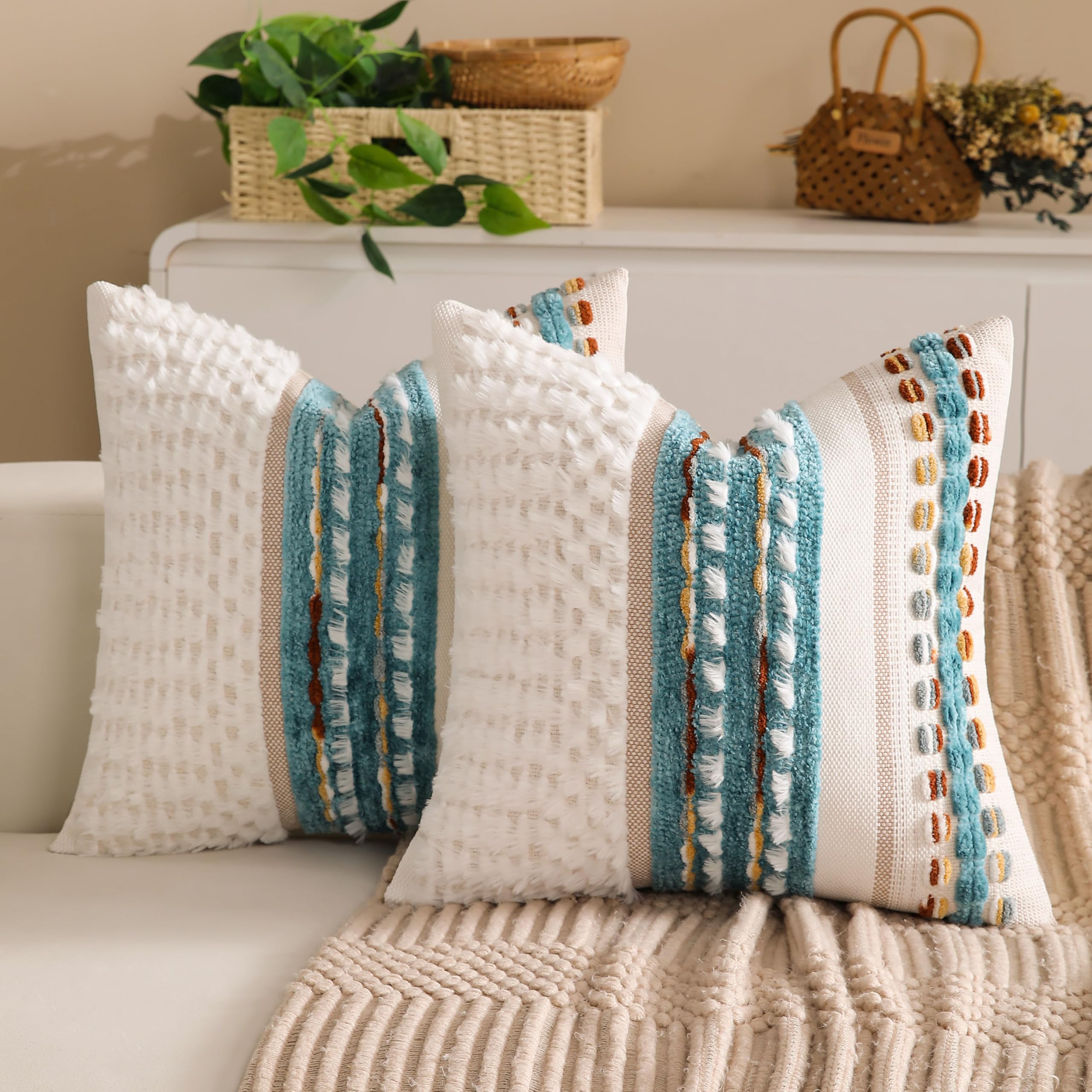 Boho Chenille Tufted Couch Throw Pillow Covers 18x18 Inch Set of 2 Farmhouse Striped Decorative Pillow Covers Accent Neutral Square Pillowcase Grey Cushion Covers for Livingroom Sofa Bed