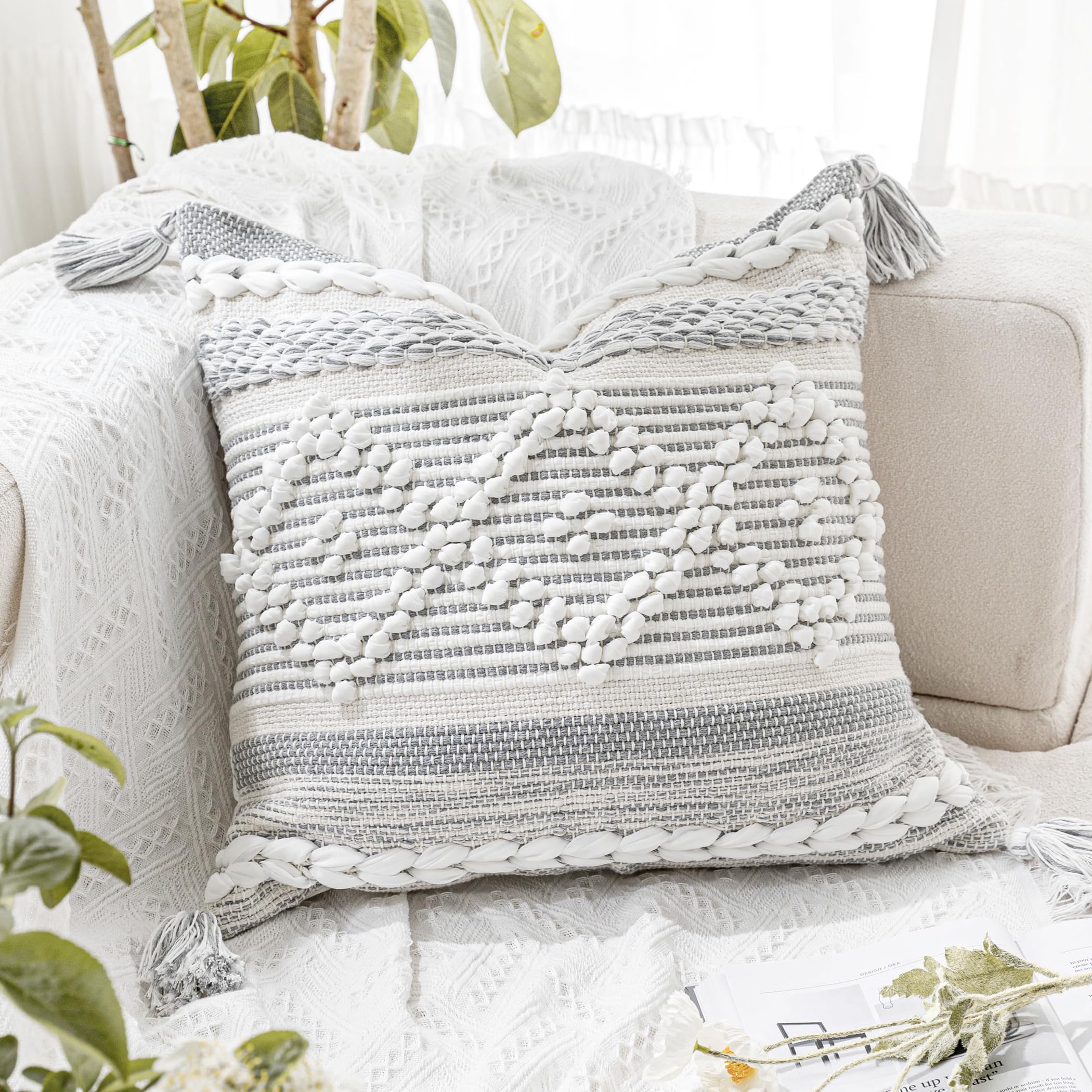 BlissBlush Cream White Boho Throw Pillow Cover 20X20, Boho Woven Textured Pillow Cover, Neutral Pillow Cover, Sofa Couch Bed Farmhouse Lumbar Pillow (Cover ONLY)