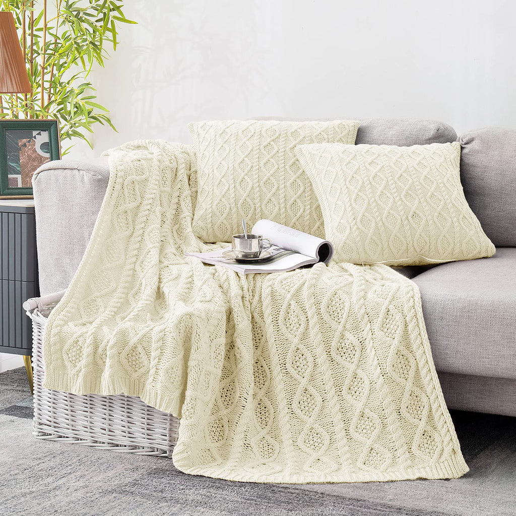 Homiest Cable Knit Throw Blanket and Pillow Set, Sage Green Set of 3, Knitted Throw (50"x60") & 2 Pillow Covers (18"x18"), Soft & Cozy Decorative for Couch Bed Sofa