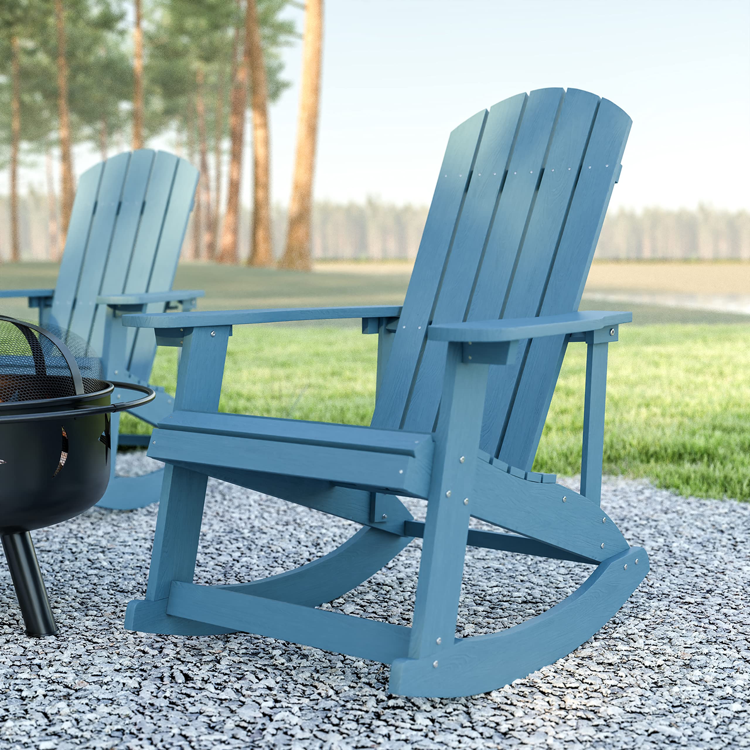 EMMA + OLIVER Savannah Poly Resin Wood Adirondack Rocking Chair - All Weather Yellow Polystyrene - Stainless Steel Hardware