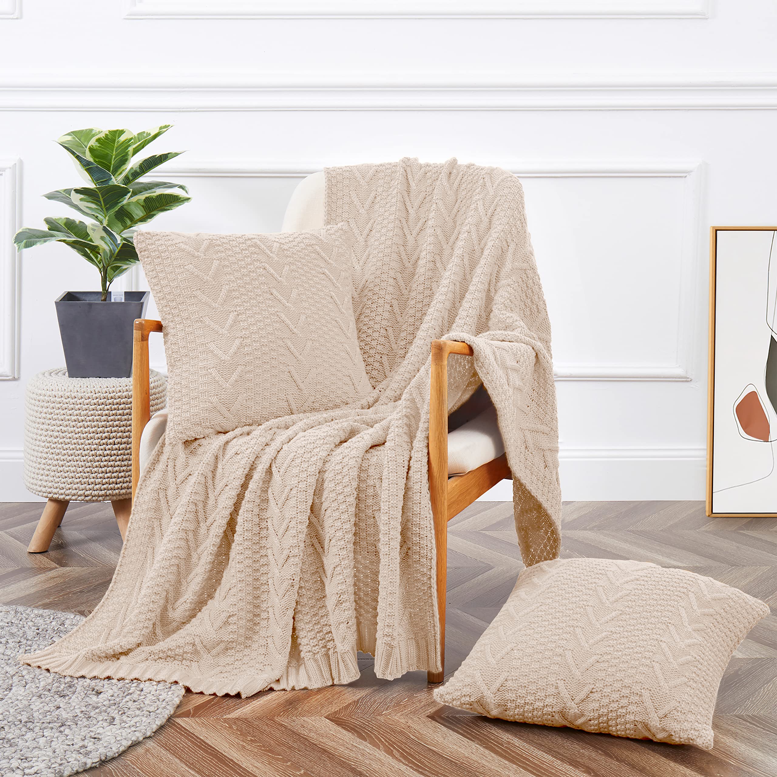 Aormenzy Knitted Throw Blanket (50" x 60") and 2 Pillow Covers (18" x 18"), 3 Piece Grayish Green Throw Blanket Set, Decorative Throw Blankets for Couch Sofa Bed Living Room