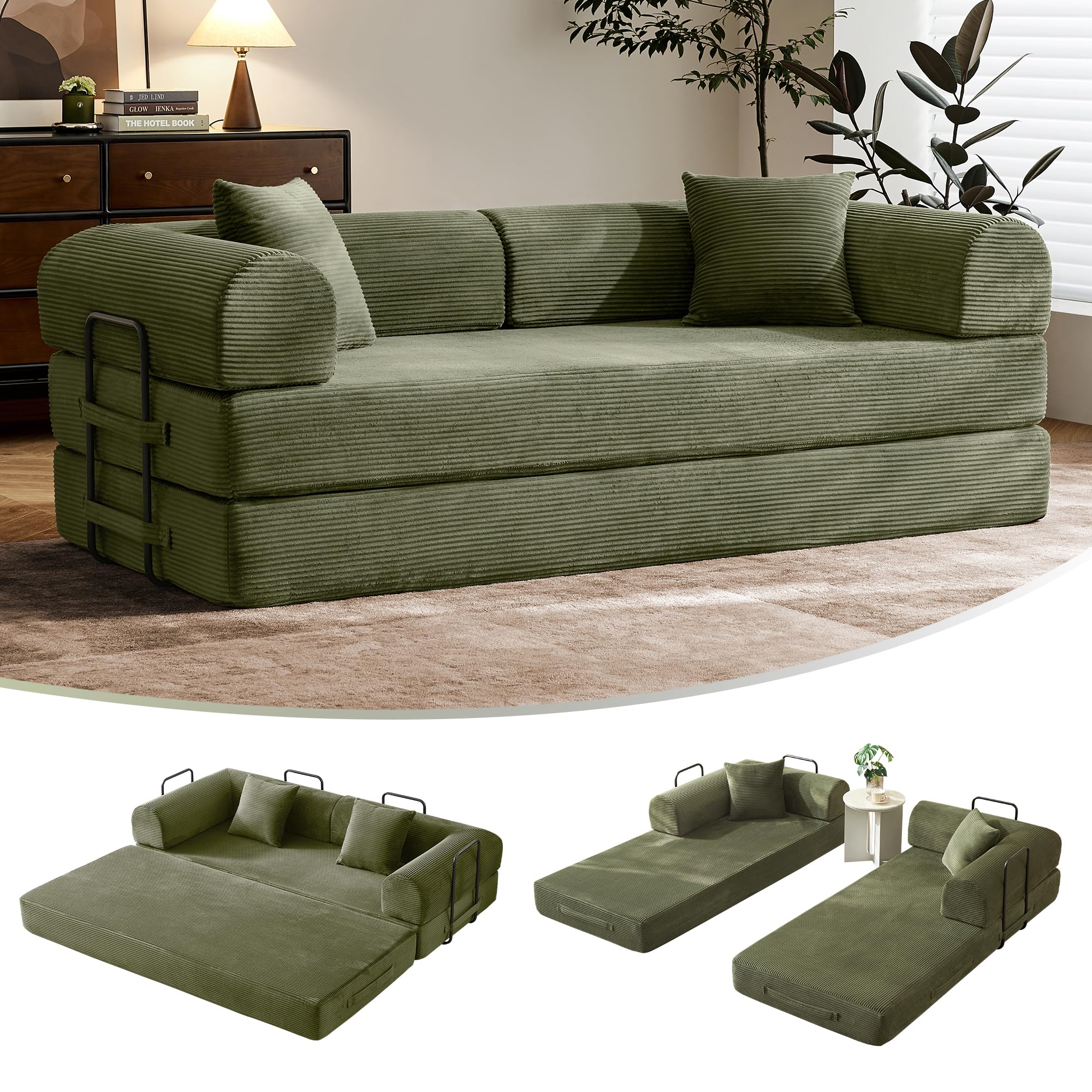 79" Convertible Sofa Bed with Fixed-Shape Frame & Removable Armrests, Modular Corduroy Sleeper Sofa, Folding Mattress Couch for Small Spaces - No Assembly Needed in Green (Includes 2 Pillows)