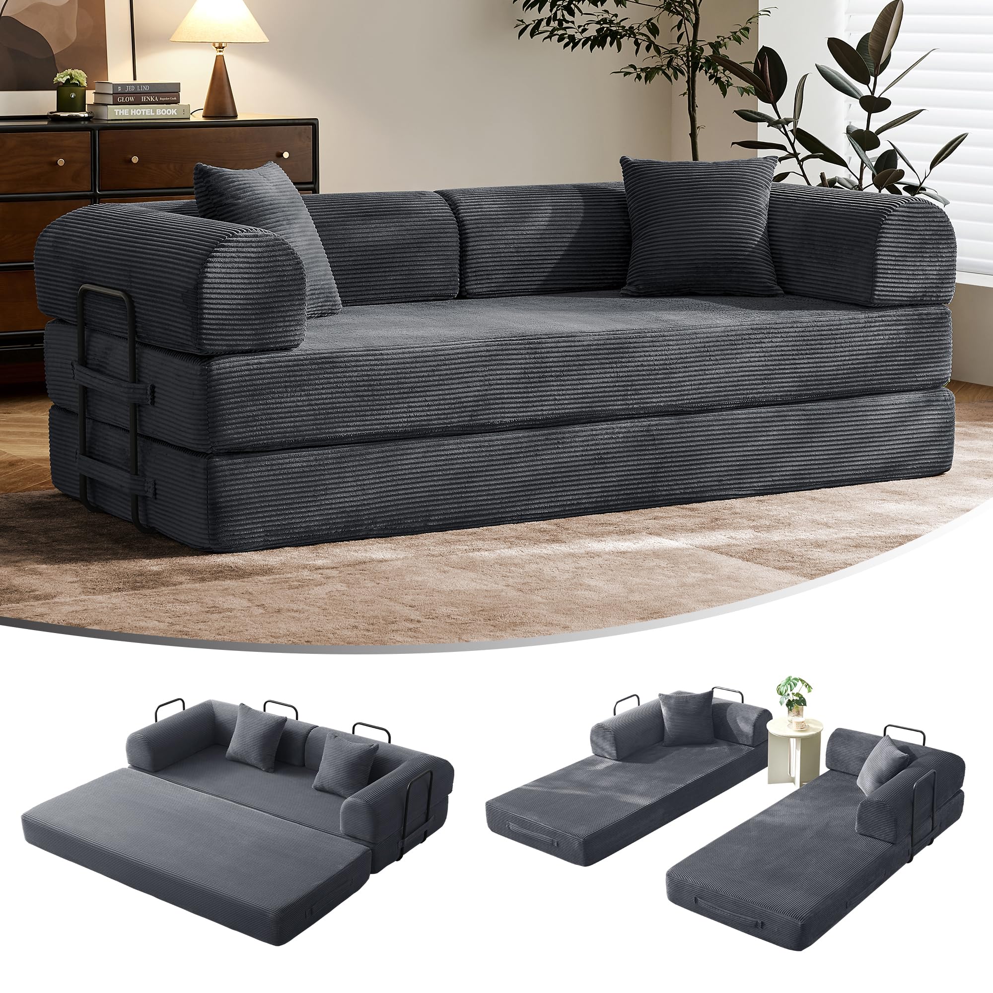 79" Convertible Sofa Bed with Fixed-Shape Frame & Removable Armrests, Modular Corduroy Sleeper Sofa, Folding Mattress Couch for Small Spaces - No Assembly Needed in Green (Includes 2 Pillows)
