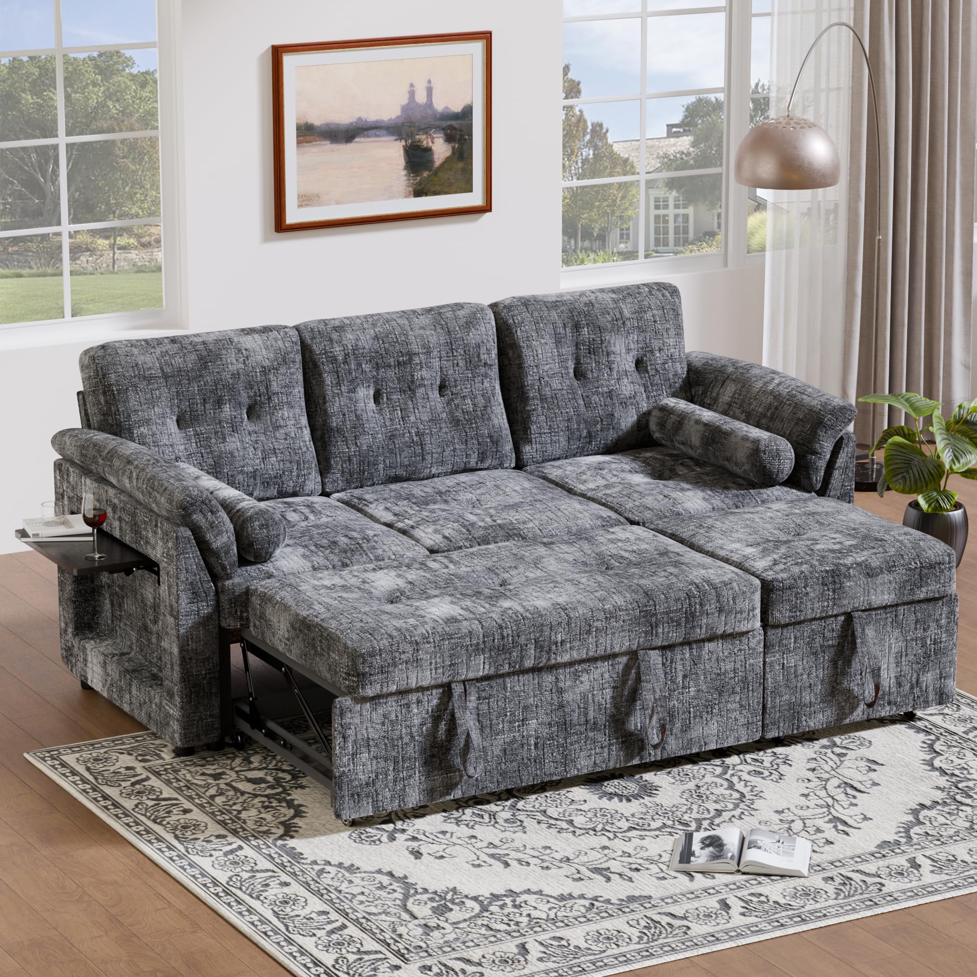 Pull Out Couch, Loveseat Sleeper Sofa Bed with Side Pockets, 3 in 1 Velvet Fabric Convertible Sofa Bed with Adjustable Backrest for Living Room, Bedroom, Apartment, Black