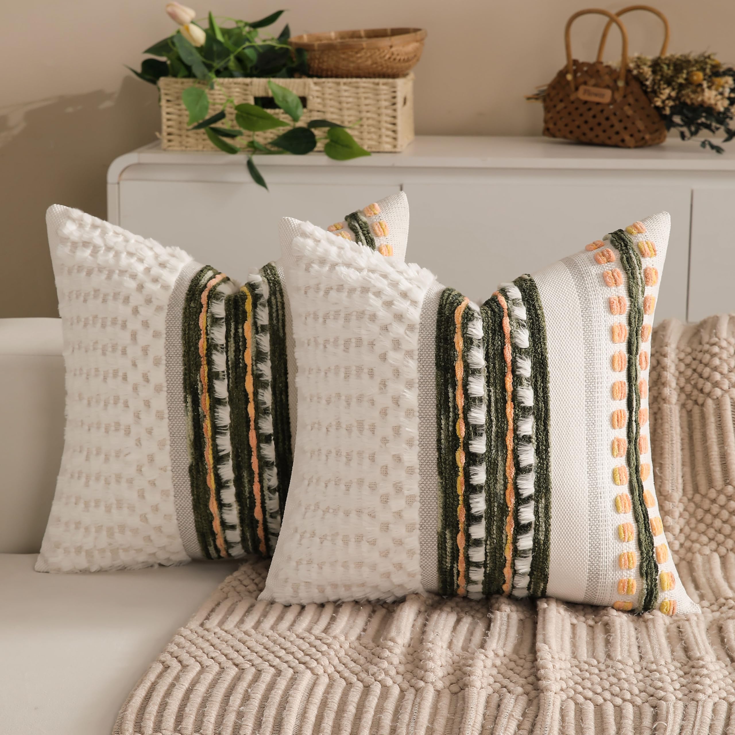 Boho Chenille Tufted Couch Throw Pillow Covers 18x18 Inch Set of 2 Farmhouse Striped Decorative Pillow Covers Accent Neutral Square Pillowcase Grey Cushion Covers for Livingroom Sofa Bed