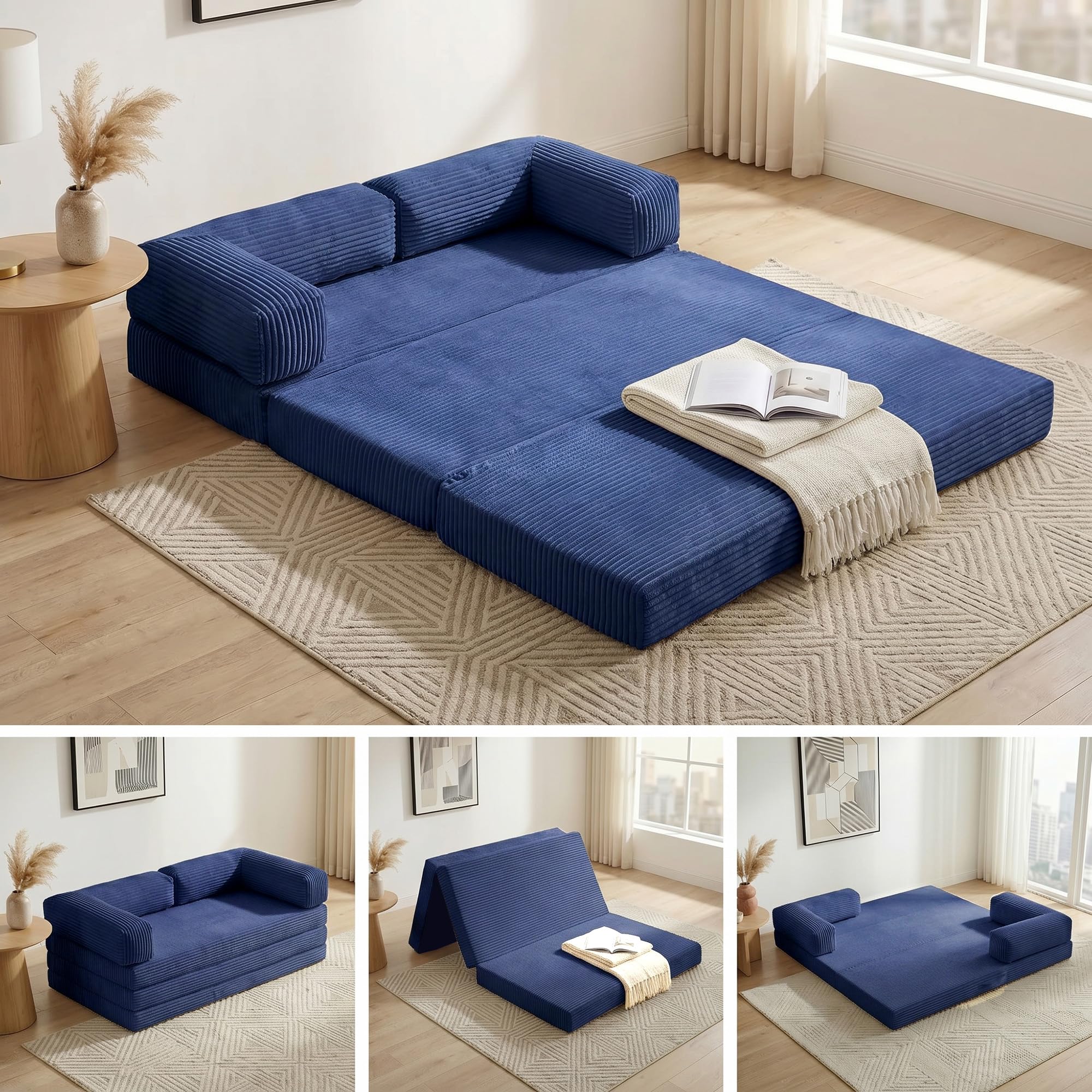 Convertible Sofa Bed Queen,5-in-1 Tri-Fold Boneless Couch with Removable Armrests & Handle,Corduroy Futon Sleeper Sofa,Floor Folding Mattress Pull Out Bed for Small Space Apartment Living Room Bedroom