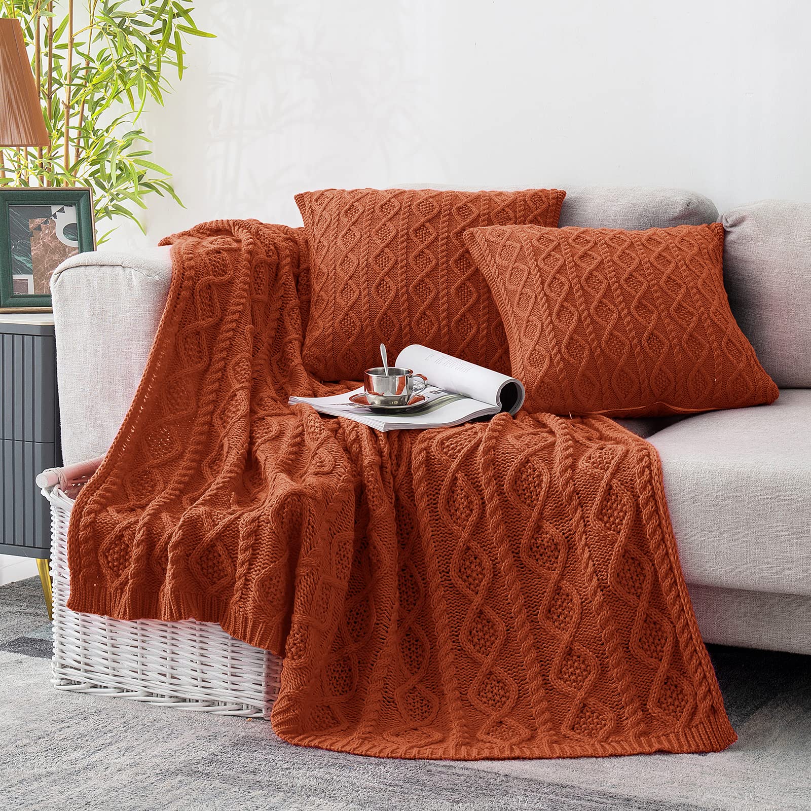 Cream White Homiest 3-Piece Cable Knit Throw Blanket & Pillow Cover Set for Sofa Couch Bed Decor