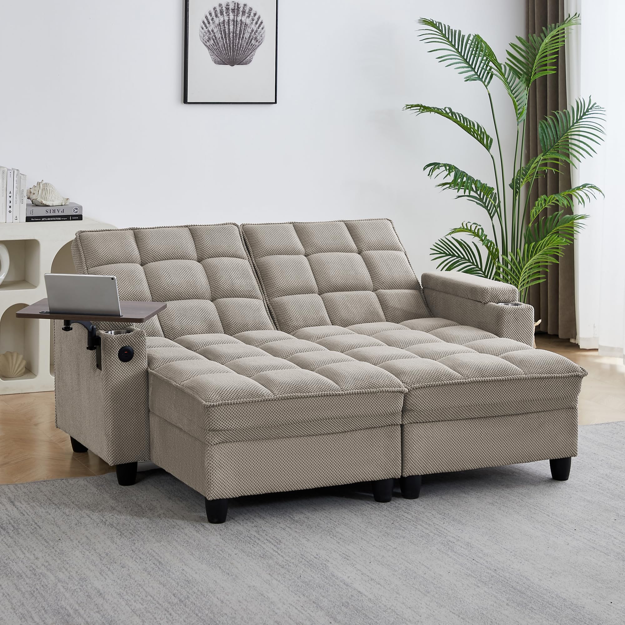 hansones 65'' 3-in-1 Folding Convertible Sofa Bed, Pullout Sofa, Modern Chenille Fabric, 360° Swivel Side Table, Easy Assembly, Perfect for Living Room, Black