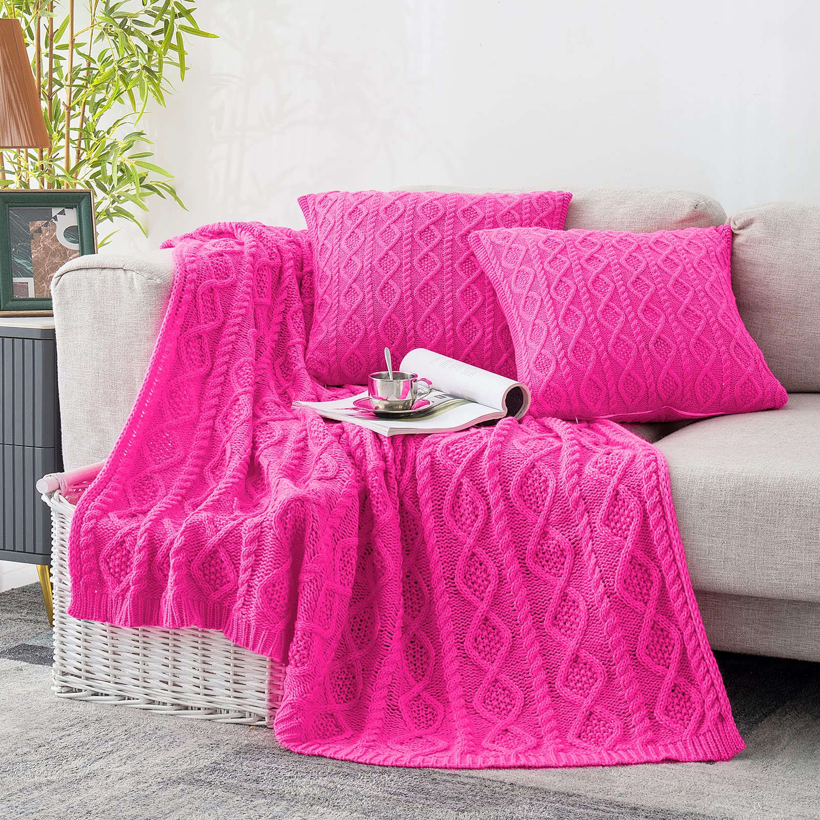 Cream White Homiest 3-Piece Cable Knit Throw Blanket & Pillow Cover Set for Sofa Couch Bed Decor