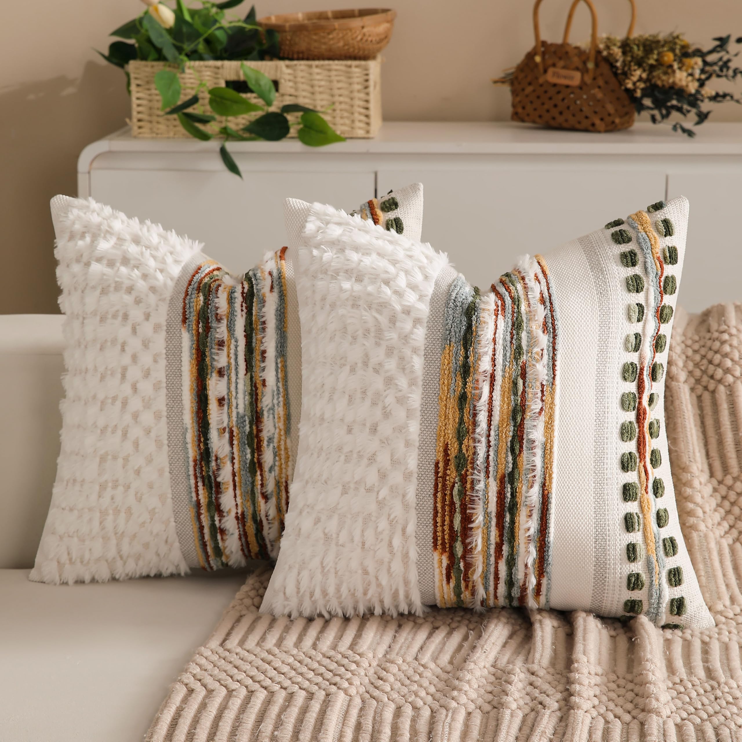 Boho Chenille Tufted Couch Throw Pillow Covers 18x18 Inch Set of 2 Farmhouse Striped Decorative Pillow Covers Accent Neutral Square Pillowcase Grey Cushion Covers for Livingroom Sofa Bed