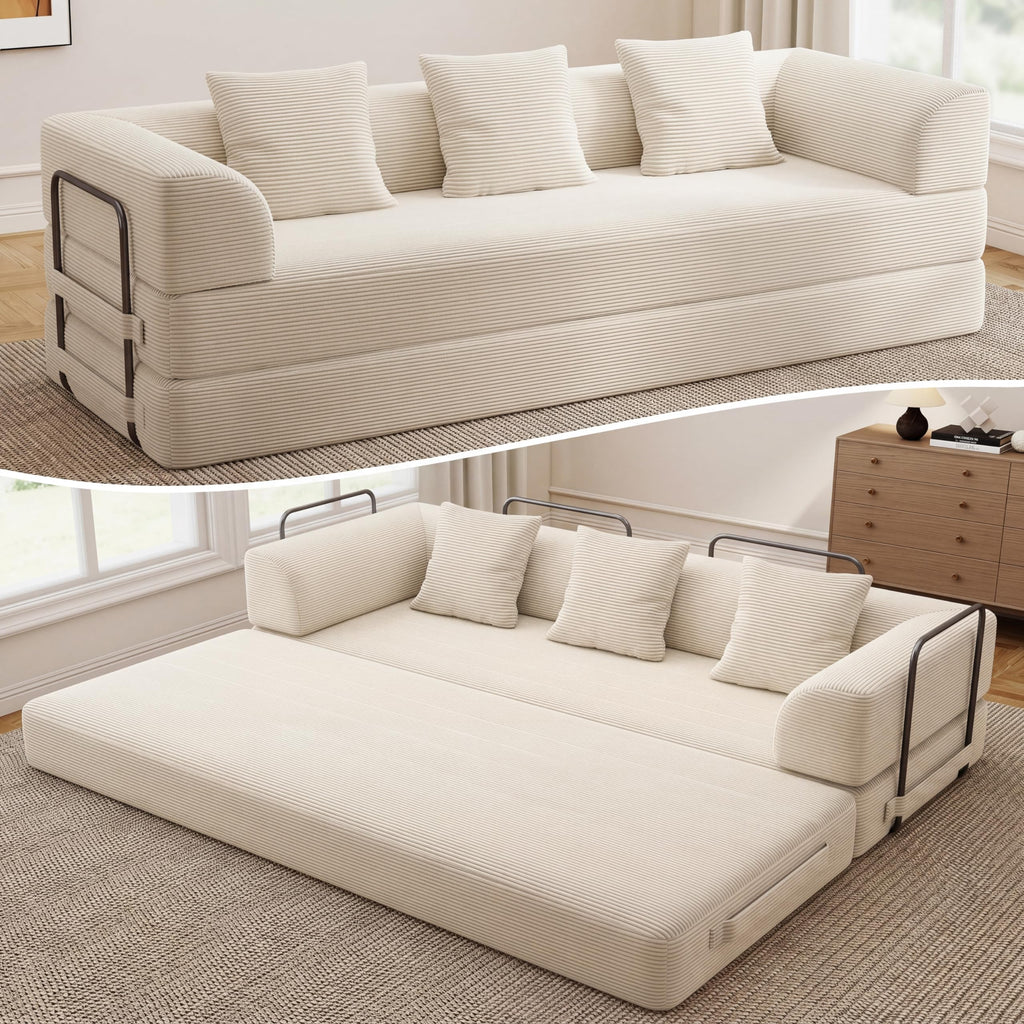 Cloud Boneless Couch Futon Sofa Bed, 5-in-1 Convertible Sofa Bed Pull Out Couch Sleeper Sofa Compressed Loveseat, 70" High-Density Sponge & Corduroy Fabric Futon Daybed for Living Room Bedroom (Gray) | 5-in-1 Convertible