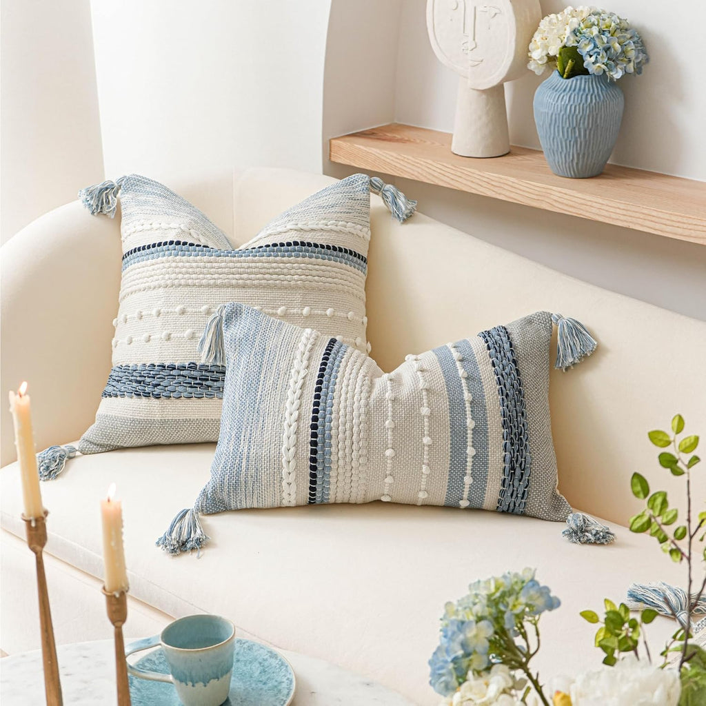 BlissBlush Coastal Blue Boho Decorative Throw Pillow Cover 18x18 Modern Bohemian Accent Pillow Case Square Woven Textured Farmhouse Pillows for Couch Bed (Pack of 1)