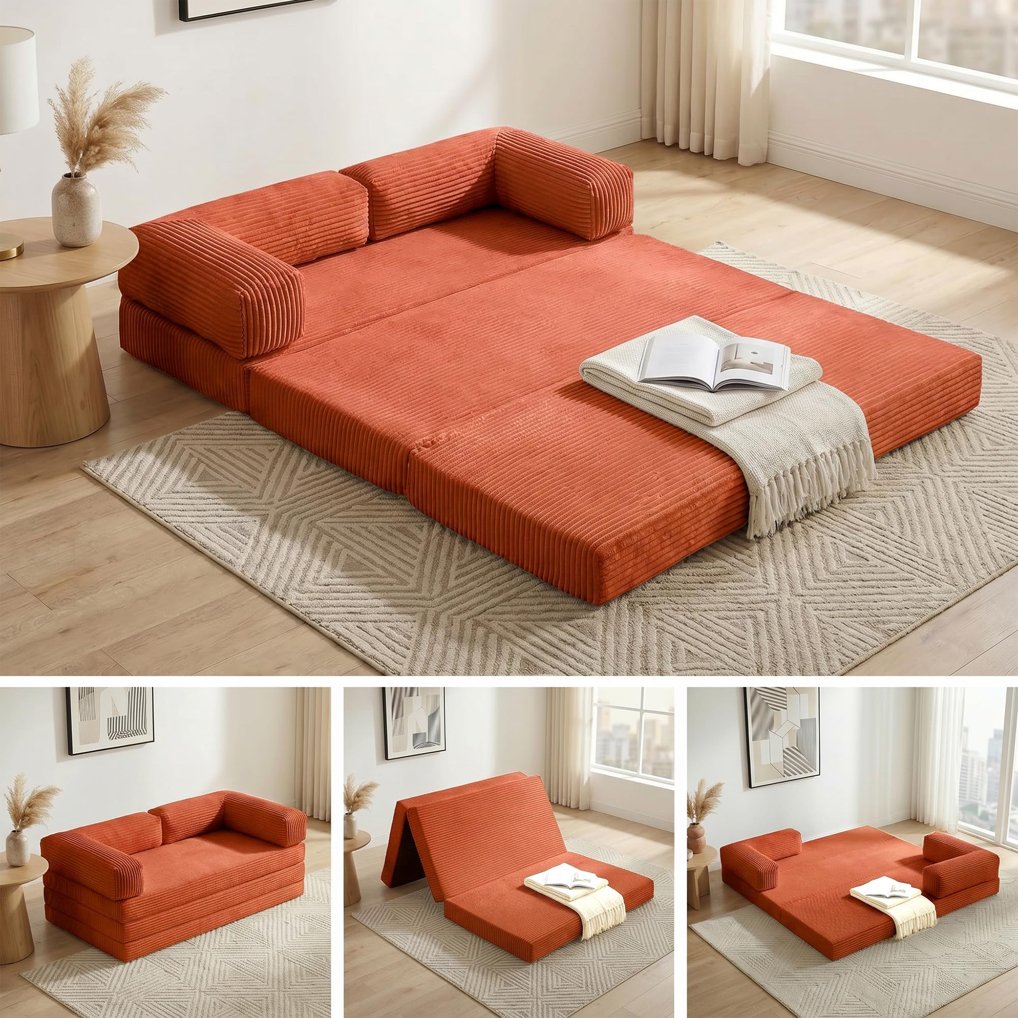 Convertible Sofa Bed Queen,5-in-1 Tri-Fold Boneless Couch with Removable Armrests & Handle,Corduroy Futon Sleeper Sofa,Floor Folding Mattress Pull Out Bed for Small Space Apartment Living Room Bedroom