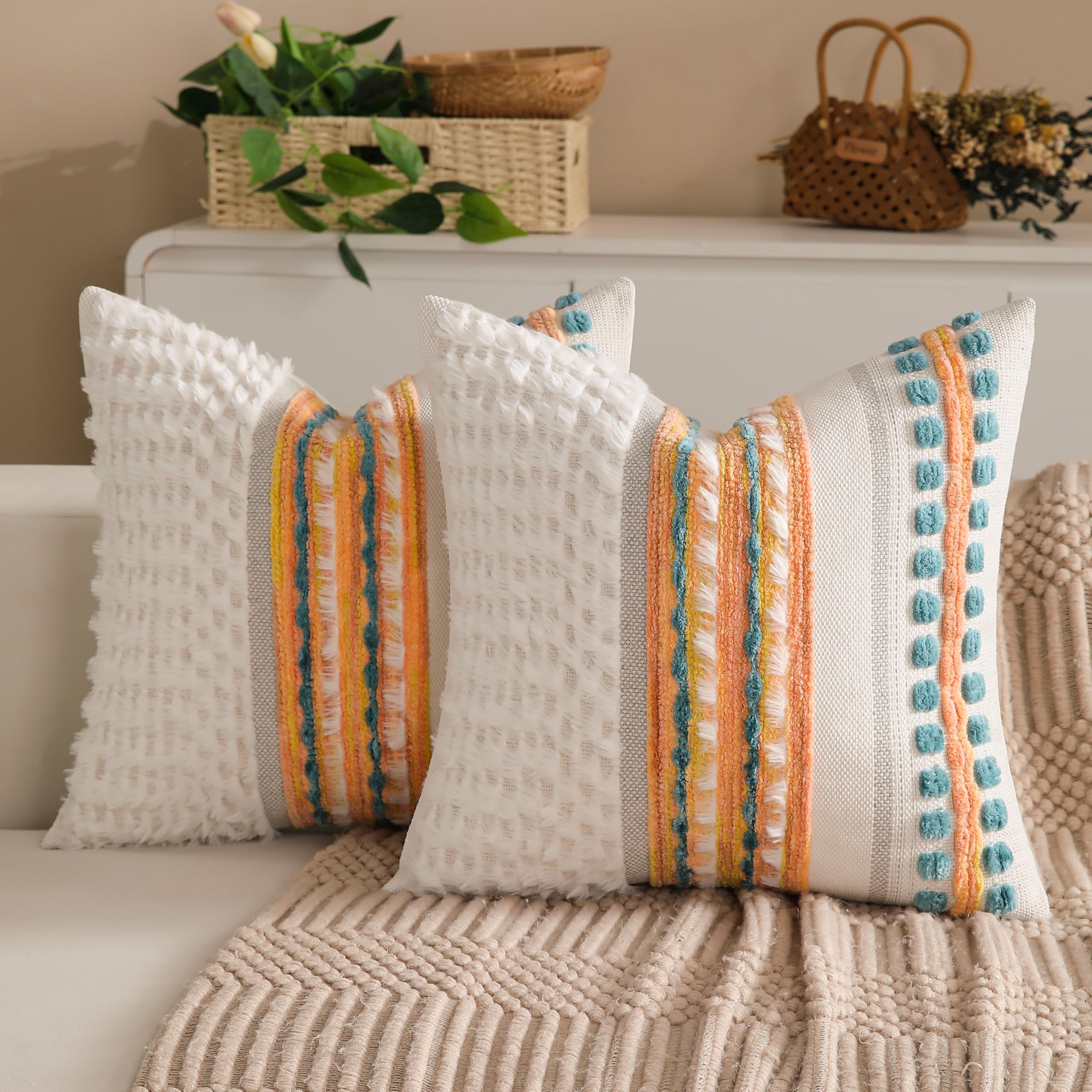 Boho Chenille Tufted Couch Throw Pillow Covers 18x18 Inch Set of 2 Farmhouse Striped Decorative Pillow Covers Accent Neutral Square Pillowcase Grey Cushion Covers for Livingroom Sofa Bed