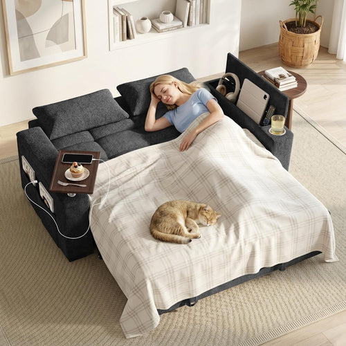 68'' Sleeper Sofa Bed, Pull Out Couch with 360° Swivel Side Table | USB Port | Adjustable Backrest | Cup Holder | Chenille Fabric Loveseat for Living Room, Apartment, Office (Black)