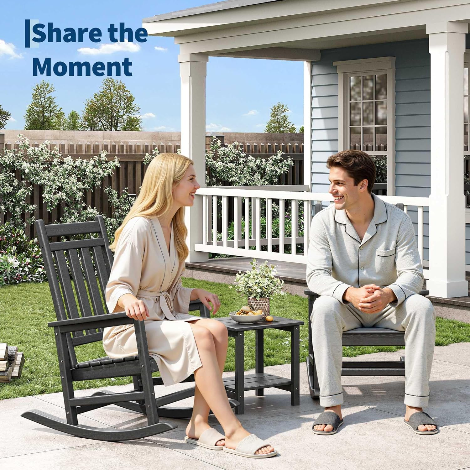 Black Garvee 2-Pack HDPE High Back Outdoor Rocking Chairs with Side Table All Weather Patio Porch Furniture