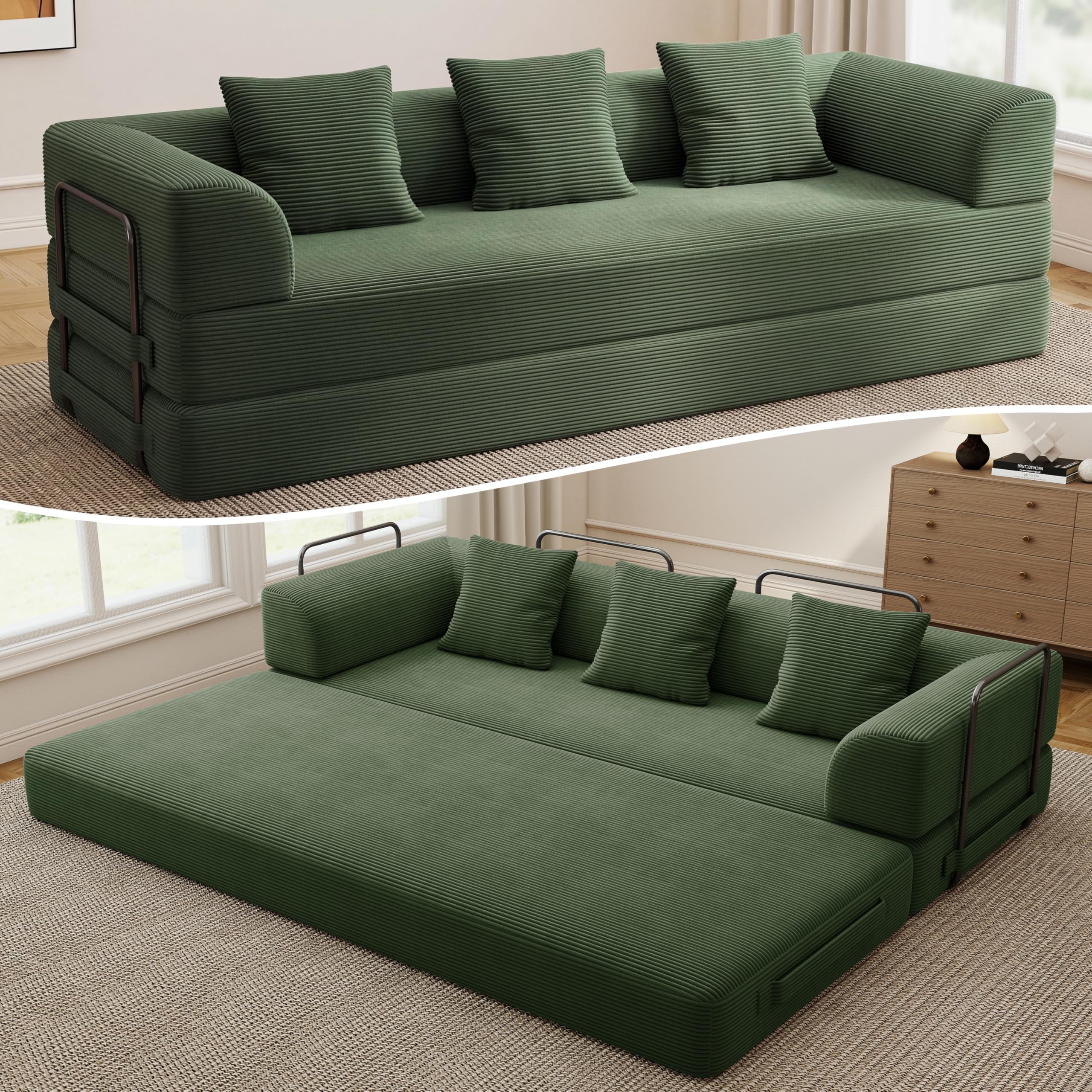 Cloud Boneless Couch Futon Sofa Bed, 5-in-1 Convertible Sofa Bed Pull Out Couch Sleeper Sofa Compressed Loveseat, 70" High-Density Sponge & Corduroy Fabric Futon Daybed for Living Room Bedroom (Gray) | 5-in-1 Convertible