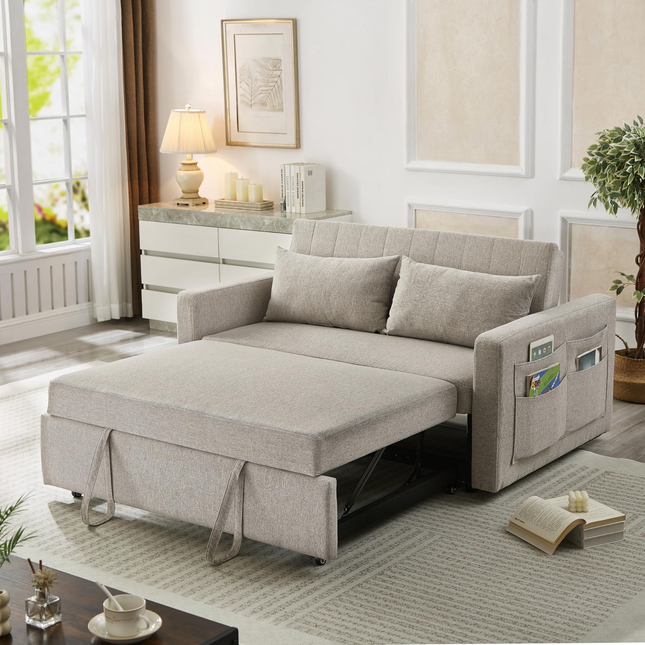 55.5" Fabric Convertible Sofa Bed, Pull Out Sleeper Sofa Bed, Loveseat Couch with Side Pocket, 3 in 1 Convertible Sleeper Sofa Bed for Living Room, Apartment, Bedroom, RV, Brown