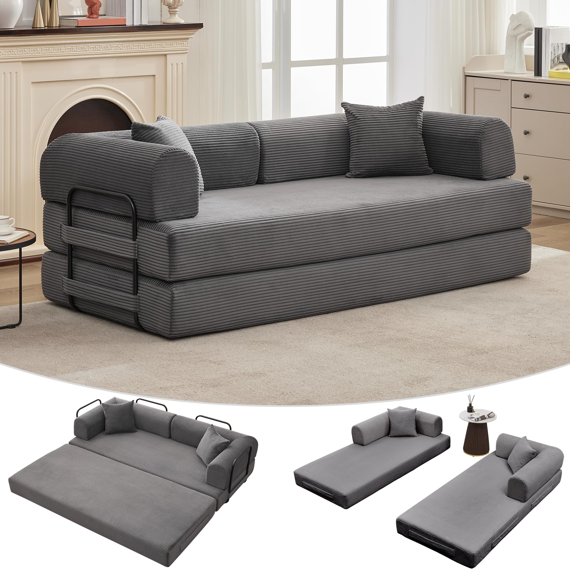 Beige GarveeHome 79" 4-in-1 Corduroy Convertible Folding Sleeper Sofa Bed with Pillow No Assembly