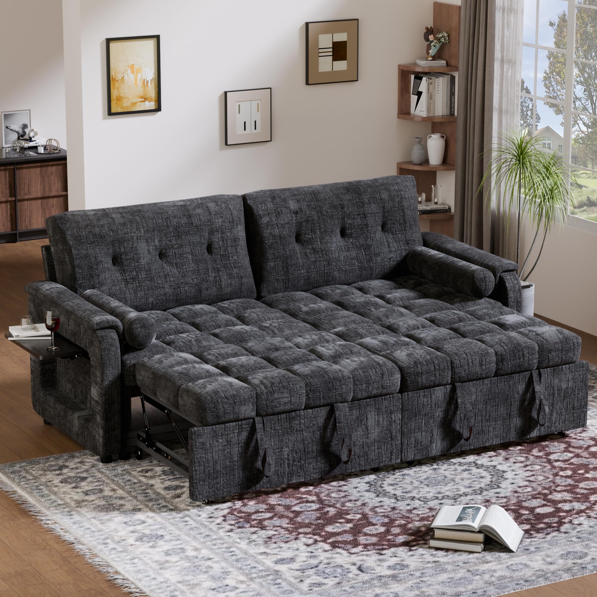 Pull Out Couch, Loveseat Sleeper Sofa Bed with Side Pockets, 3 in 1 Velvet Fabric Convertible Sofa Bed with Adjustable Backrest for Living Room, Bedroom, Apartment, Black