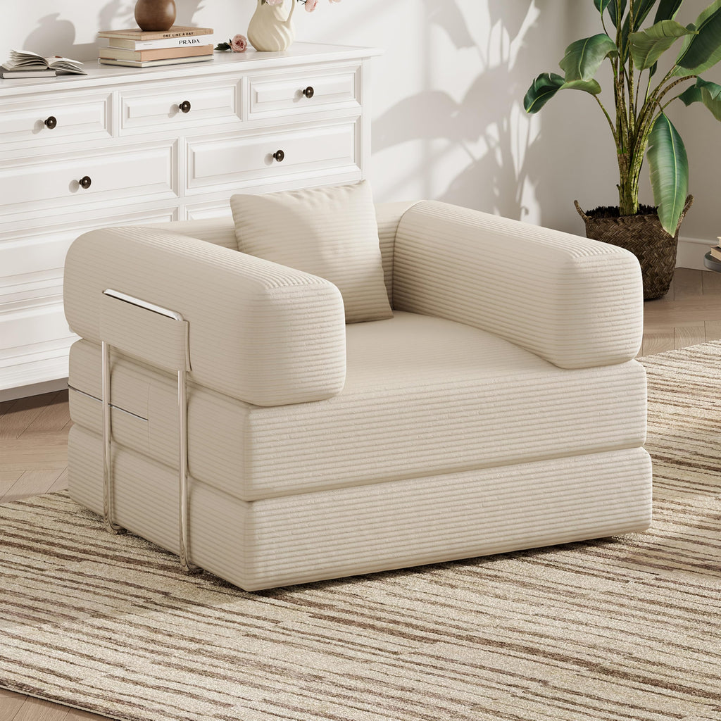 BSHOMGI 4 in 1 Futon Sofa Bed Queen Size - Foldable Convertible Sleeper Sofa Couch, Removable Washable Corduroy Cover, Space Saving Floor for Living Room (Beige, 53.15" Double Sofa)