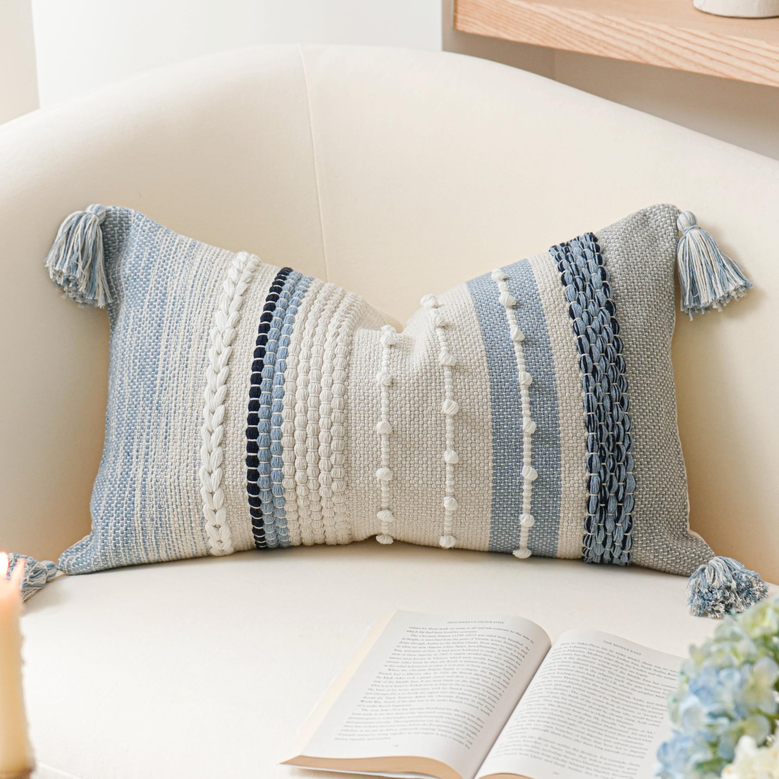 BlissBlush Coastal Blue Boho Decorative Throw Pillow Cover 18x18 Modern Bohemian Accent Pillow Case Square Woven Textured Farmhouse Pillows for Couch Bed (Pack of 1)