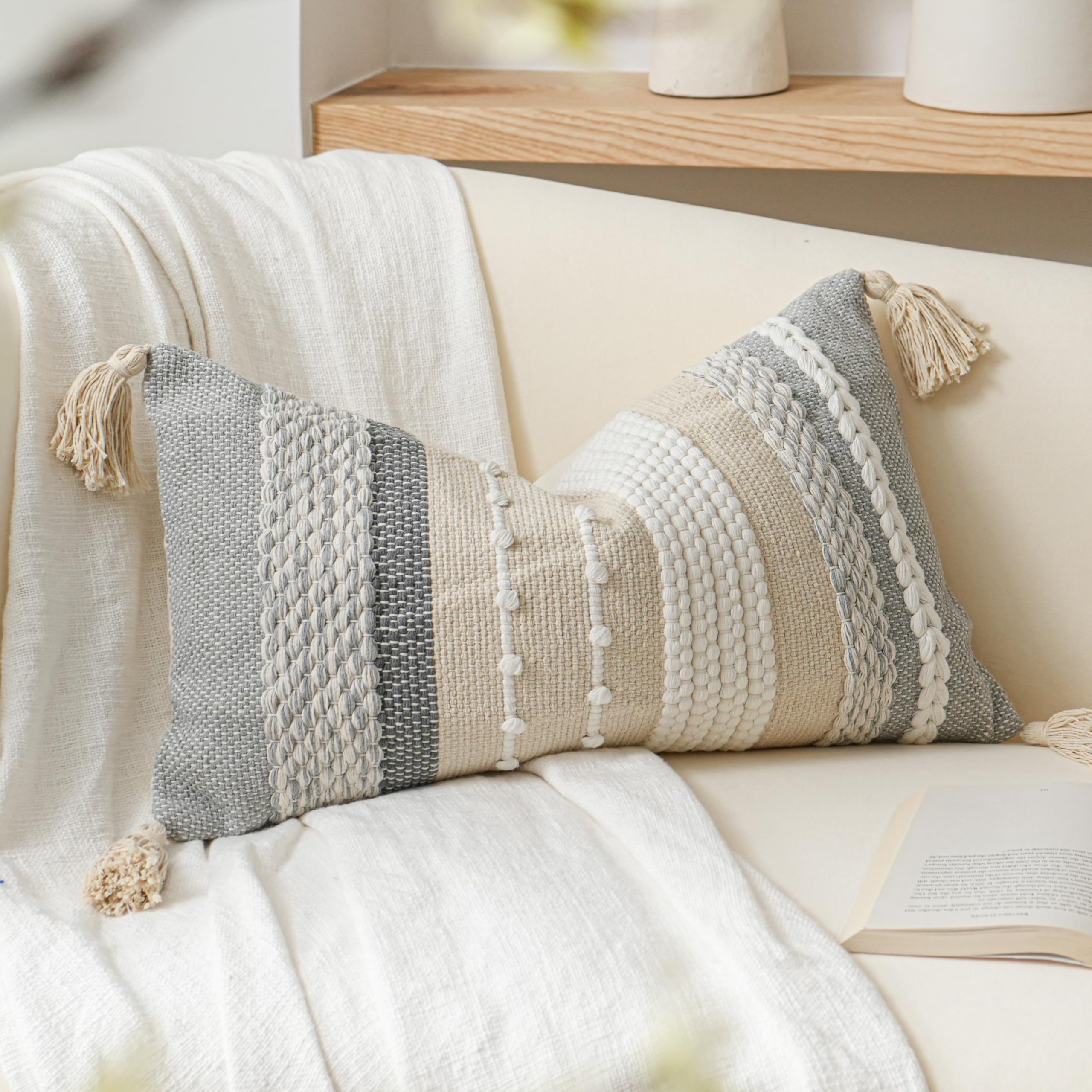 BlissBlush Coastal Blue Boho Decorative Throw Pillow Cover 18x18 Modern Bohemian Accent Pillow Case Square Woven Textured Farmhouse Pillows for Couch Bed (Pack of 1)