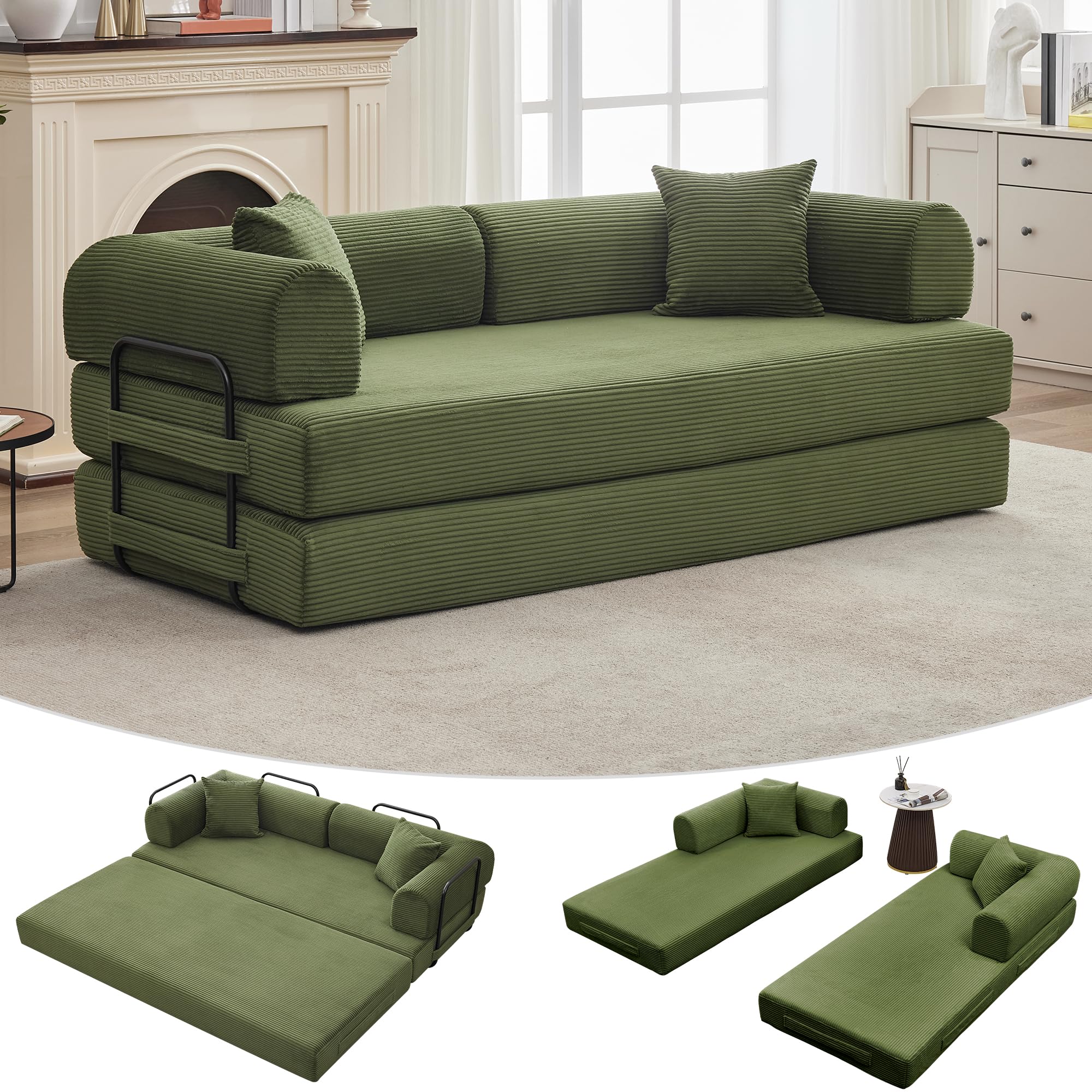 Beige GarveeHome 79" 4-in-1 Corduroy Convertible Folding Sleeper Sofa Bed with Pillow No Assembly