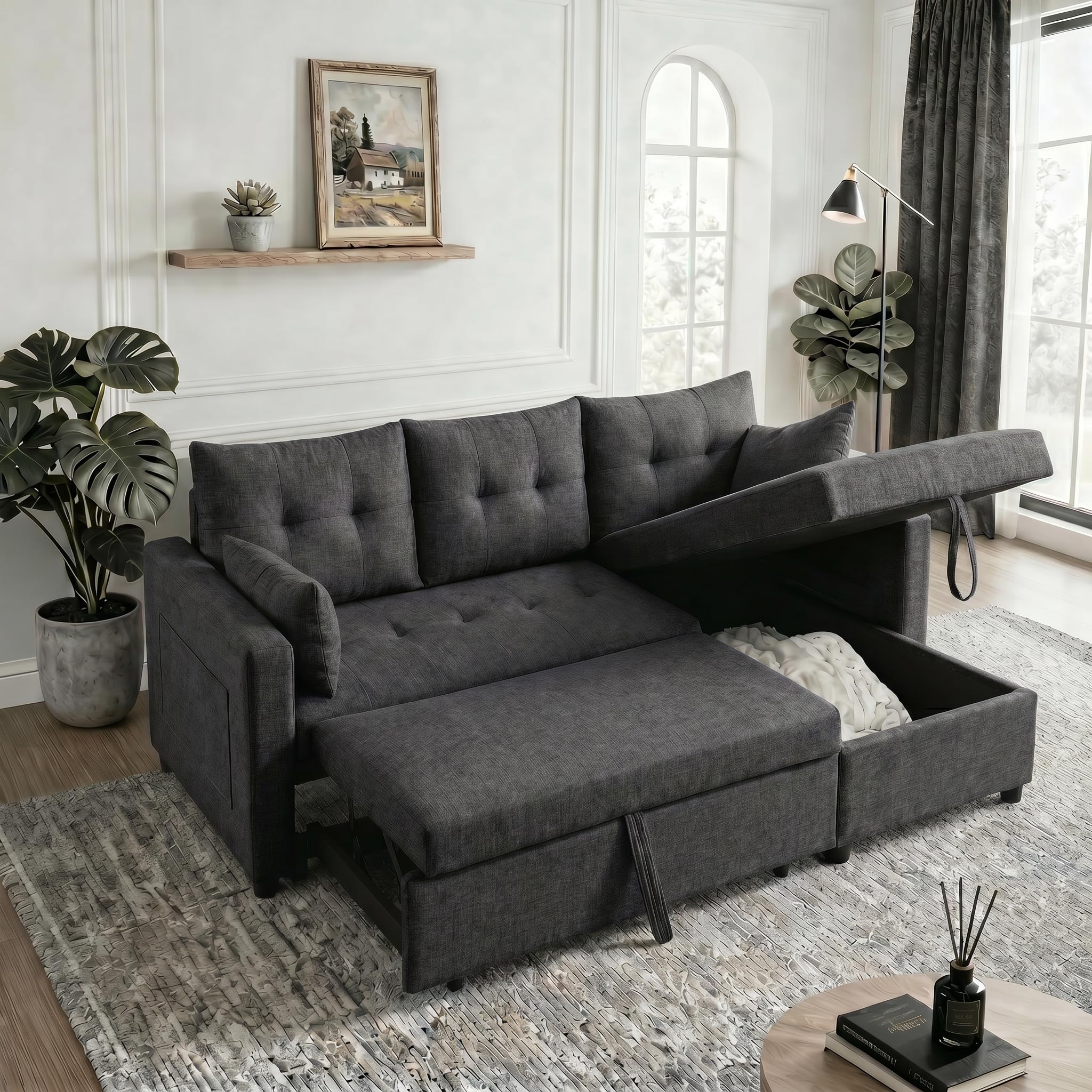 Pull Out Couch, Loveseat Sleeper Sofa Bed with Side Pockets, 3 in 1 Velvet Fabric Convertible Sofa Bed with Adjustable Backrest for Living Room, Bedroom, Apartment, Black