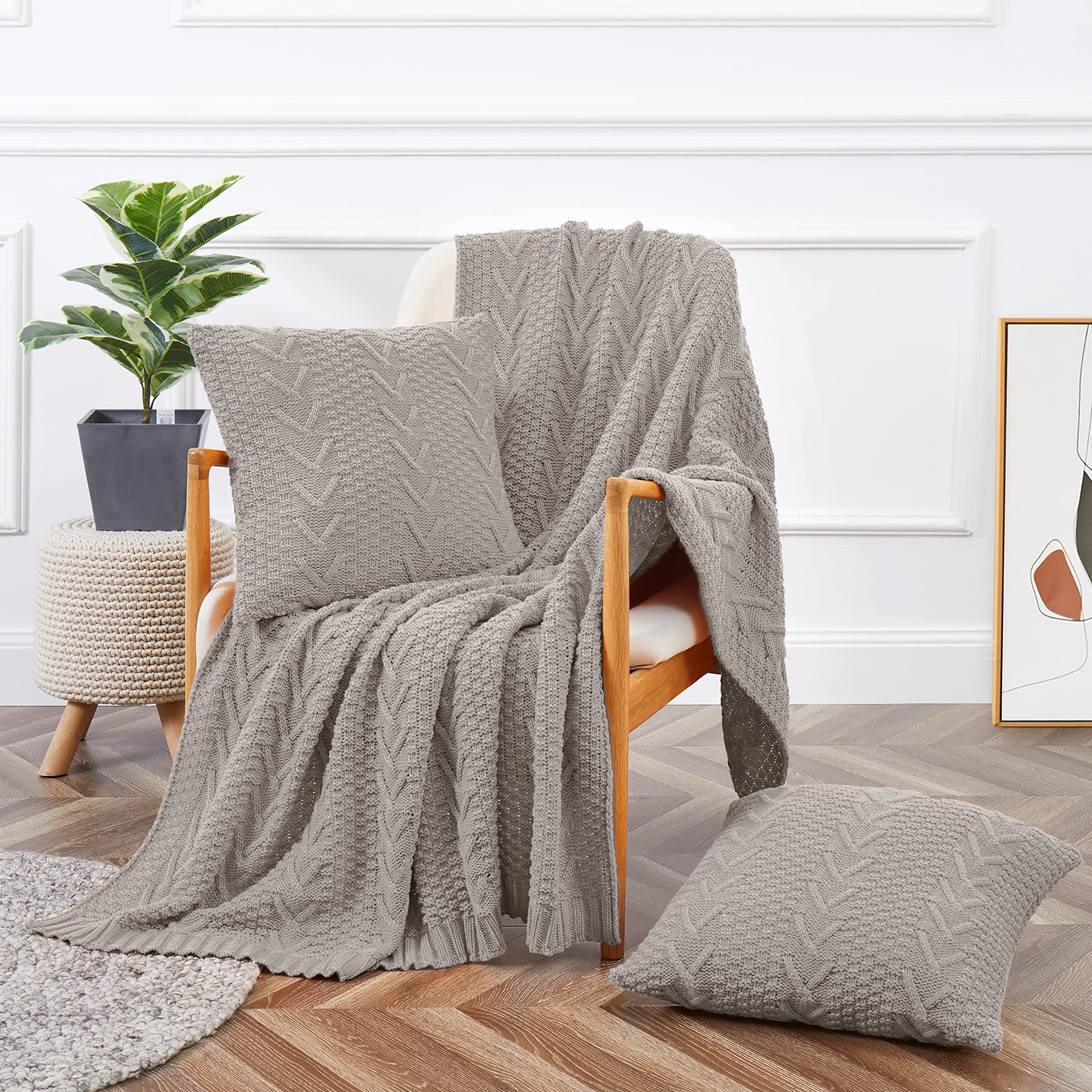 Aormenzy Knitted Throw Blanket (50" x 60") and 2 Pillow Covers (18" x 18"), 3 Piece Grayish Green Throw Blanket Set, Decorative Throw Blankets for Couch Sofa Bed Living Room