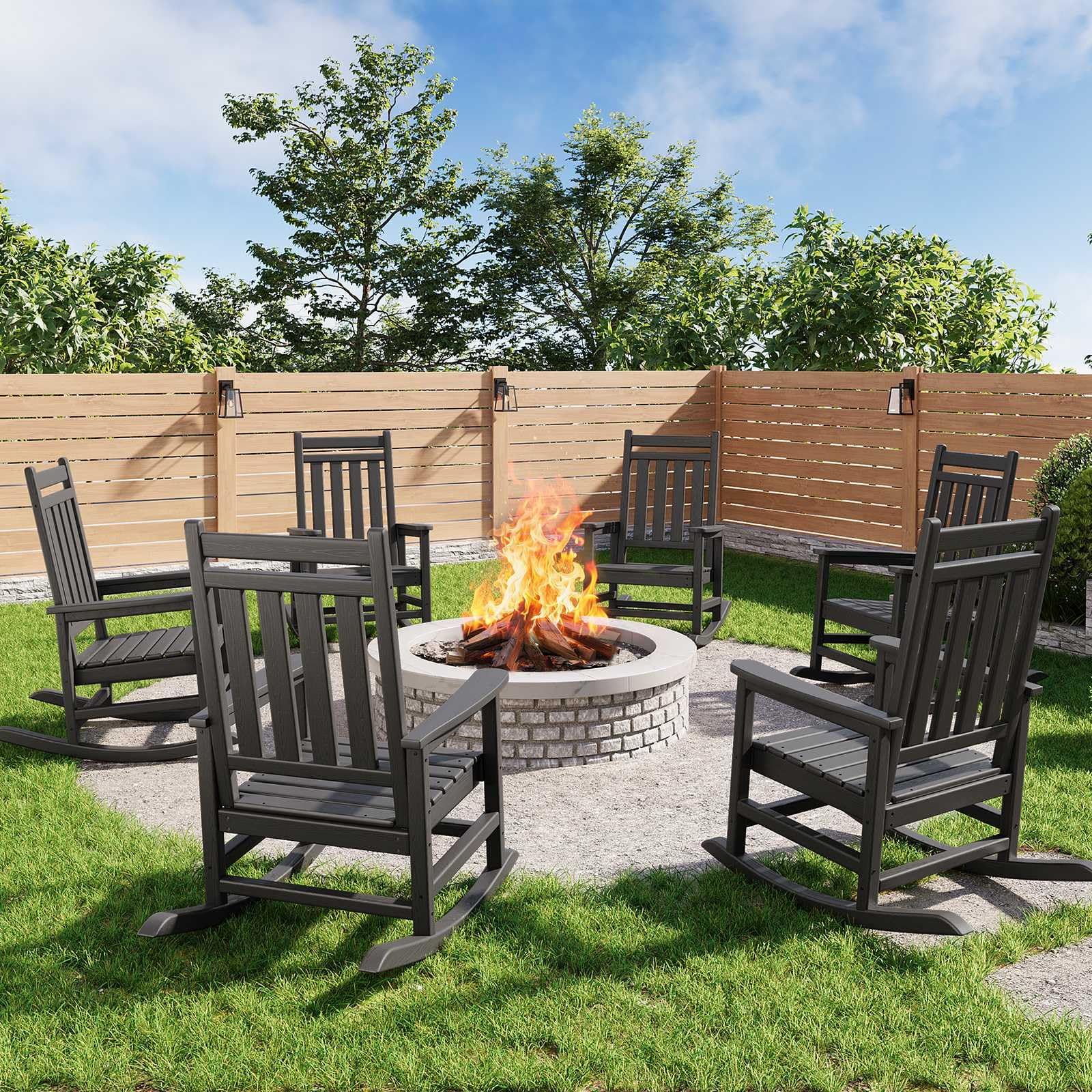 Black Garvee 2-Pack HDPE High Back Outdoor Rocking Chairs with Side Table All Weather Patio Porch Furniture