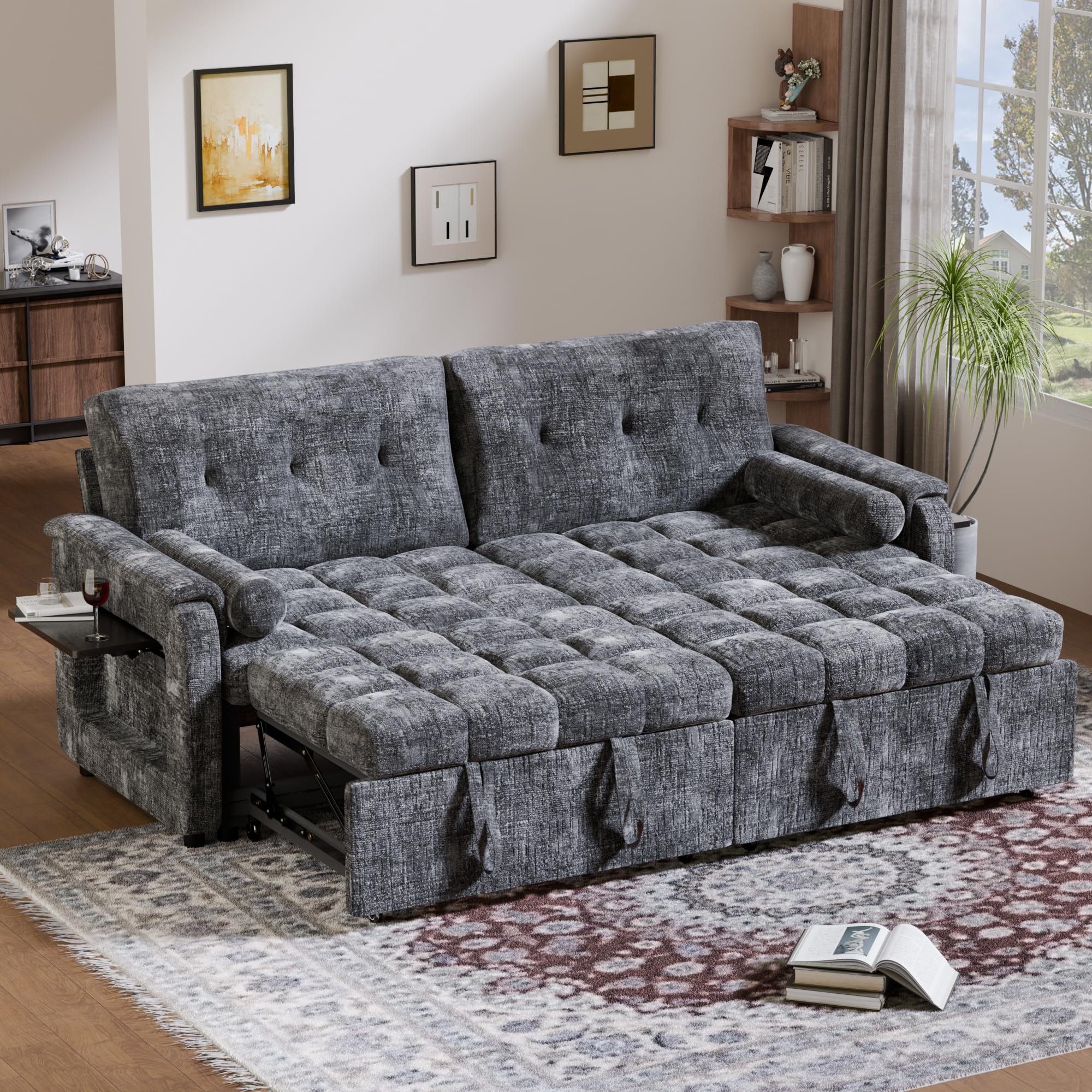 Pull Out Couch, Loveseat Sleeper Sofa Bed with Side Pockets, 3 in 1 Velvet Fabric Convertible Sofa Bed with Adjustable Backrest for Living Room, Bedroom, Apartment, Black