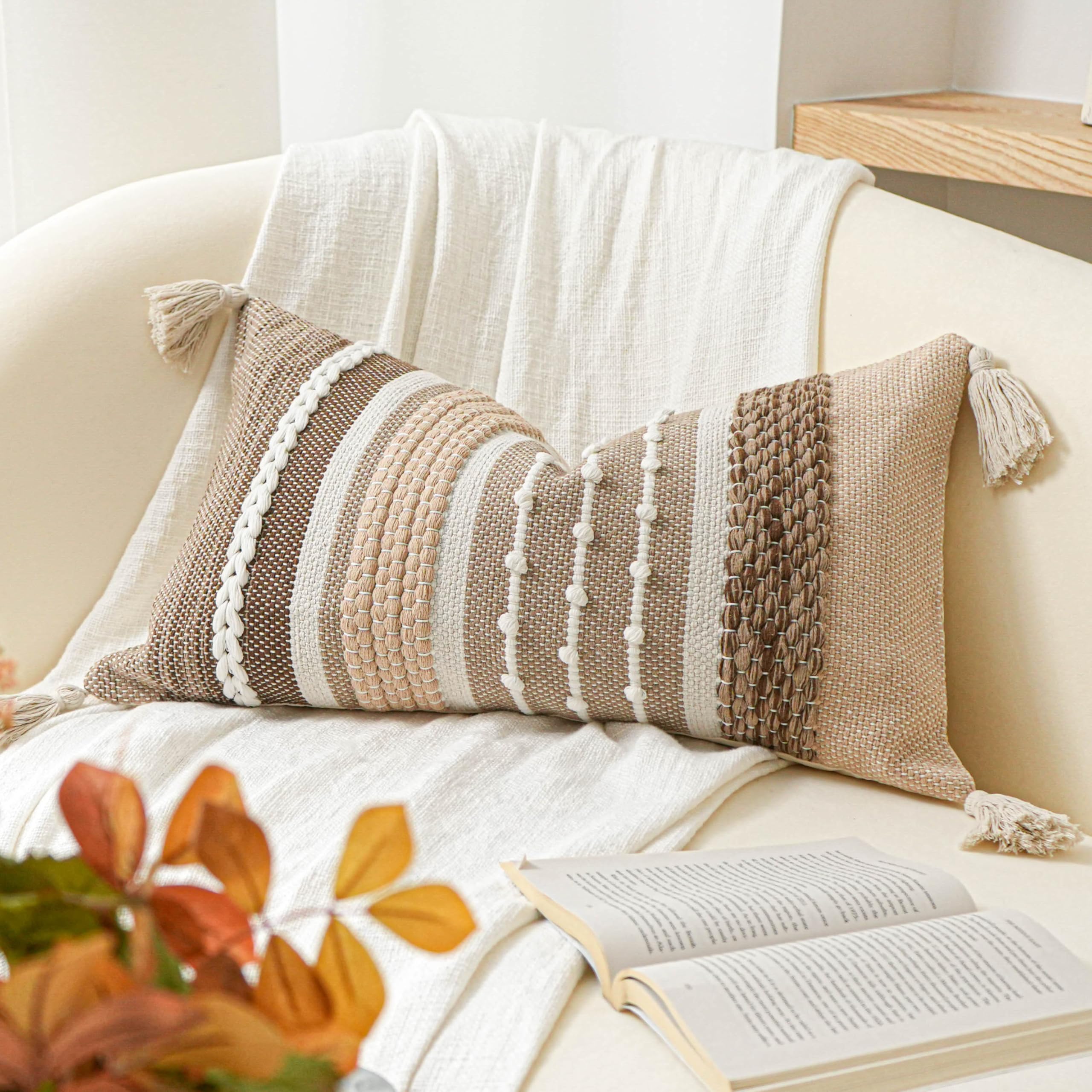 BlissBlush Coastal Blue Boho Decorative Throw Pillow Cover 18x18 Modern Bohemian Accent Pillow Case Square Woven Textured Farmhouse Pillows for Couch Bed (Pack of 1)