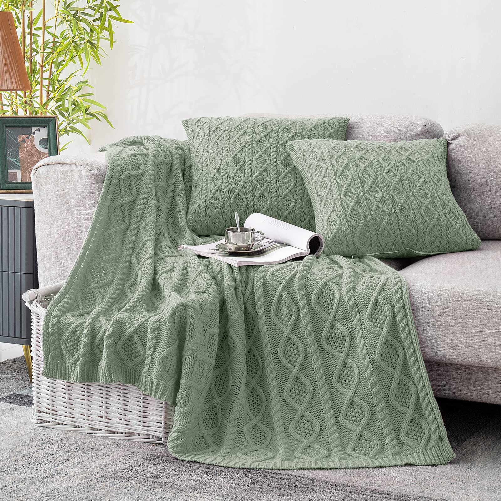Homiest Acrylic Cable Knit Throw Blanket and Pillow Set, Sage Green, 50 x 60 Inch Blanket & 18 x 18 Inch Pillow, 3-Piece Modern Geometric Blanket Set for Couch, Bed, Travel