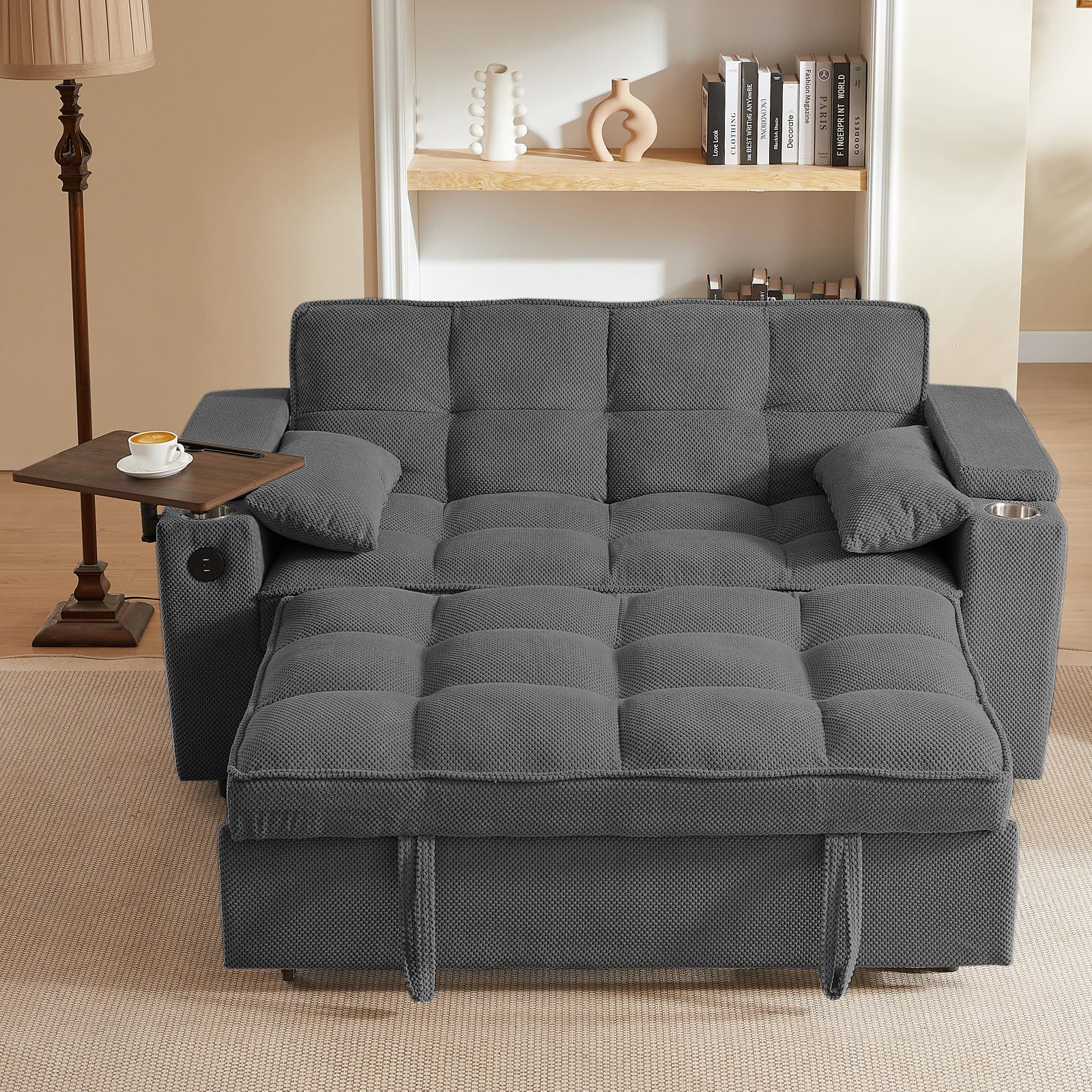 hansones 65'' 3-in-1 Folding Convertible Sofa Bed, Pullout Sofa, Modern Chenille Fabric, 360° Swivel Side Table, Easy Assembly, Perfect for Living Room, Black