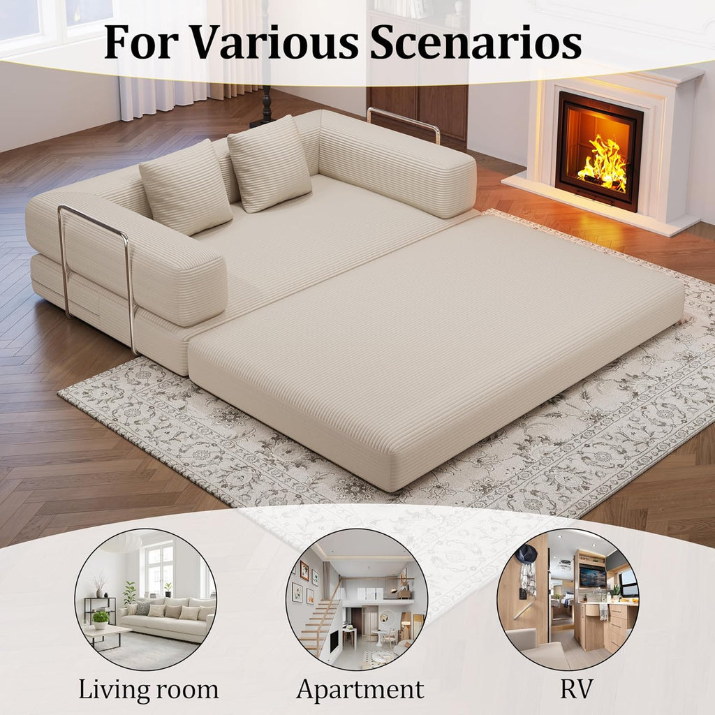 59" 2-Seat Beige Teddy Fabric 4-in-1 Foldable Queen Size Foam Compressed Convertible Sofa Bed