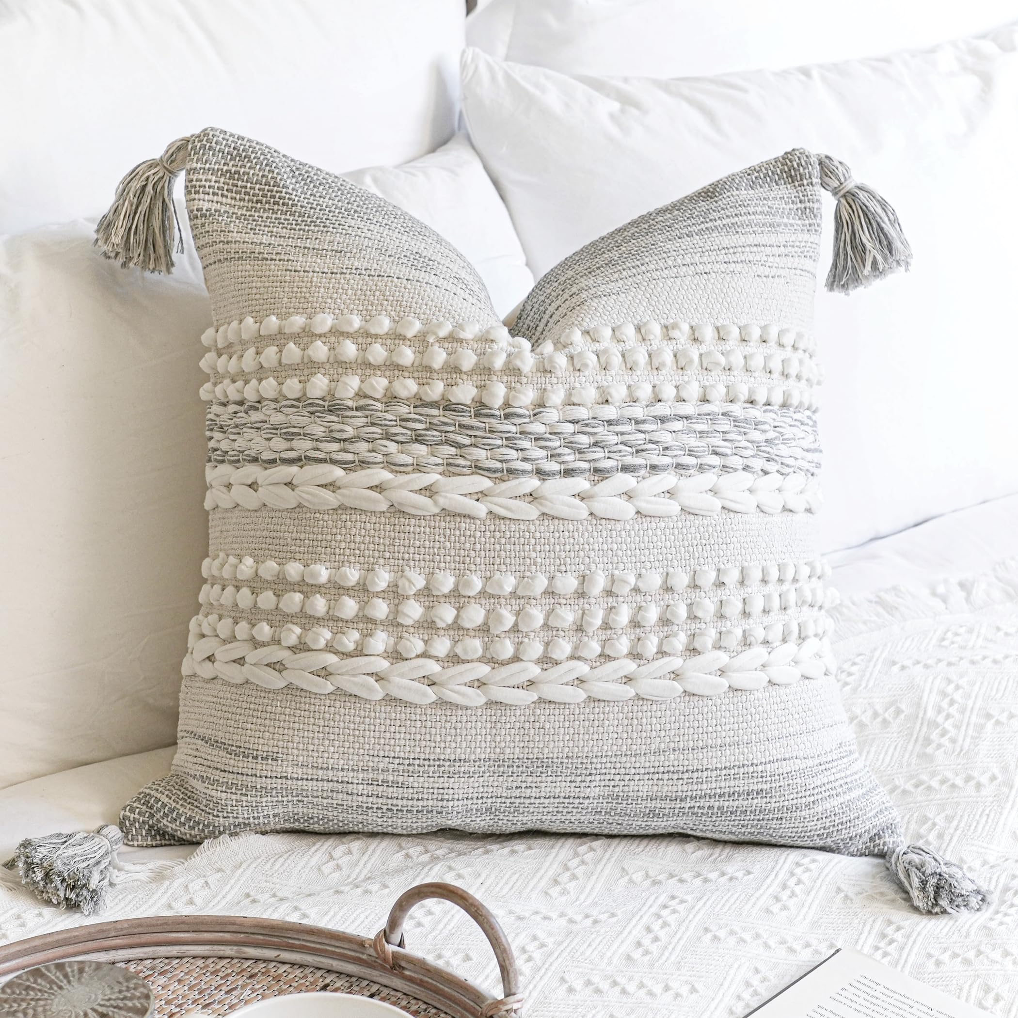 BlissBlush Cream White Boho Throw Pillow Cover 20X20, Boho Woven Textured Pillow Cover, Neutral Pillow Cover, Sofa Couch Bed Farmhouse Lumbar Pillow (Cover ONLY)
