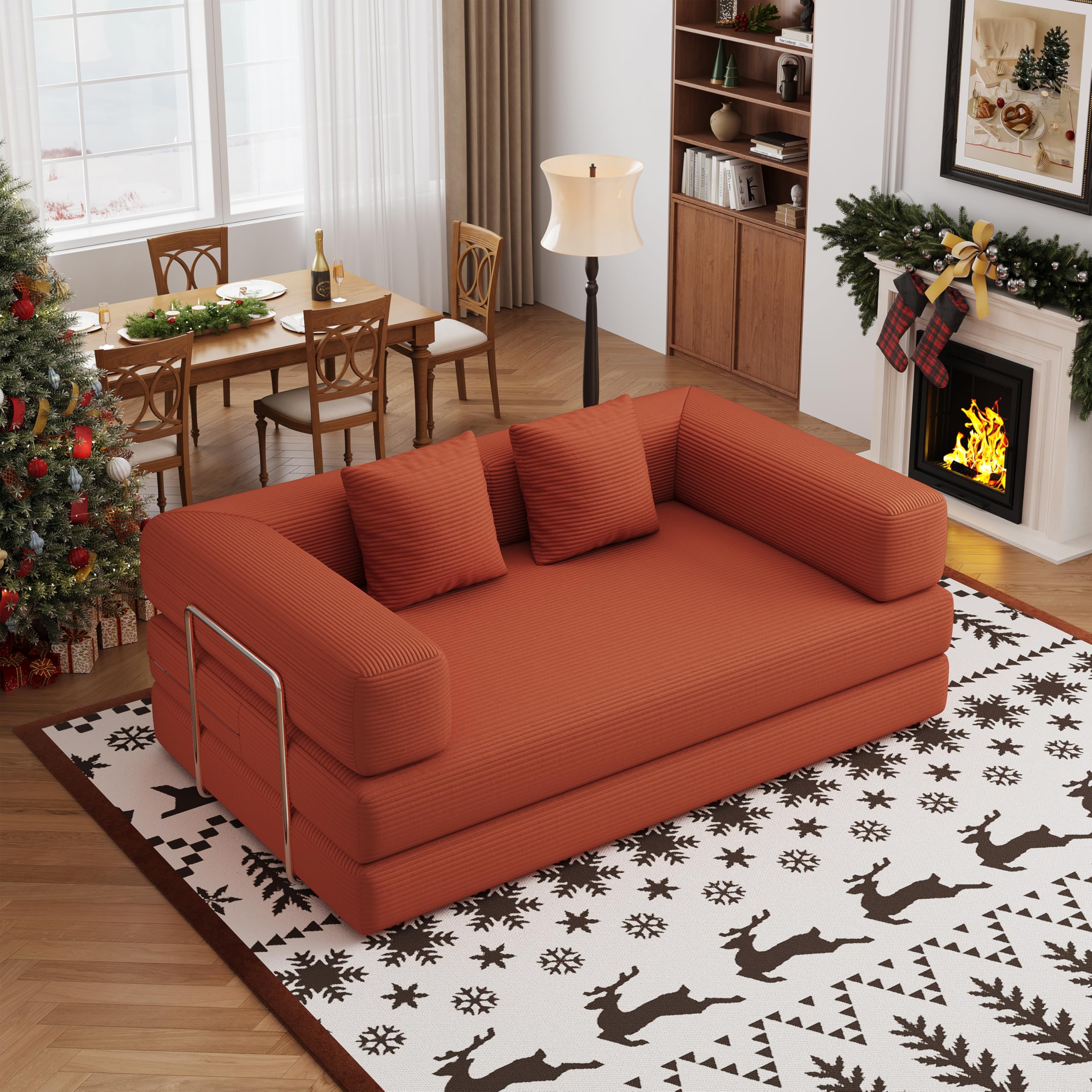 BSHOMGI 4 in 1 Futon Sofa Bed Queen Size - Foldable Convertible Sleeper Sofa Couch, Removable Washable Corduroy Cover, Space Saving Floor for Living Room (Beige, 53.15" Double Sofa)