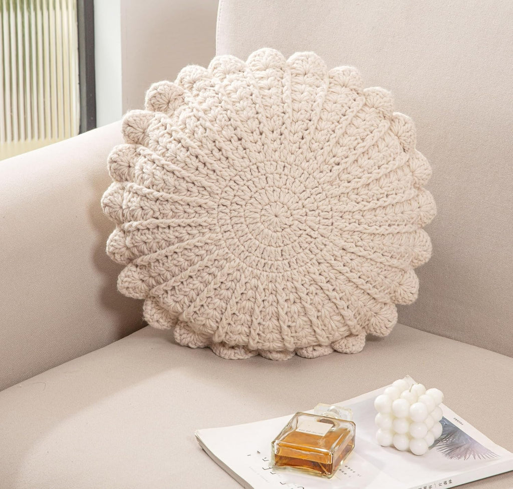 Knitted Throw Pillow Round Couch Pillow Handmade Decorative Plush Pillow Cute Cushion (Beige, 18inch)