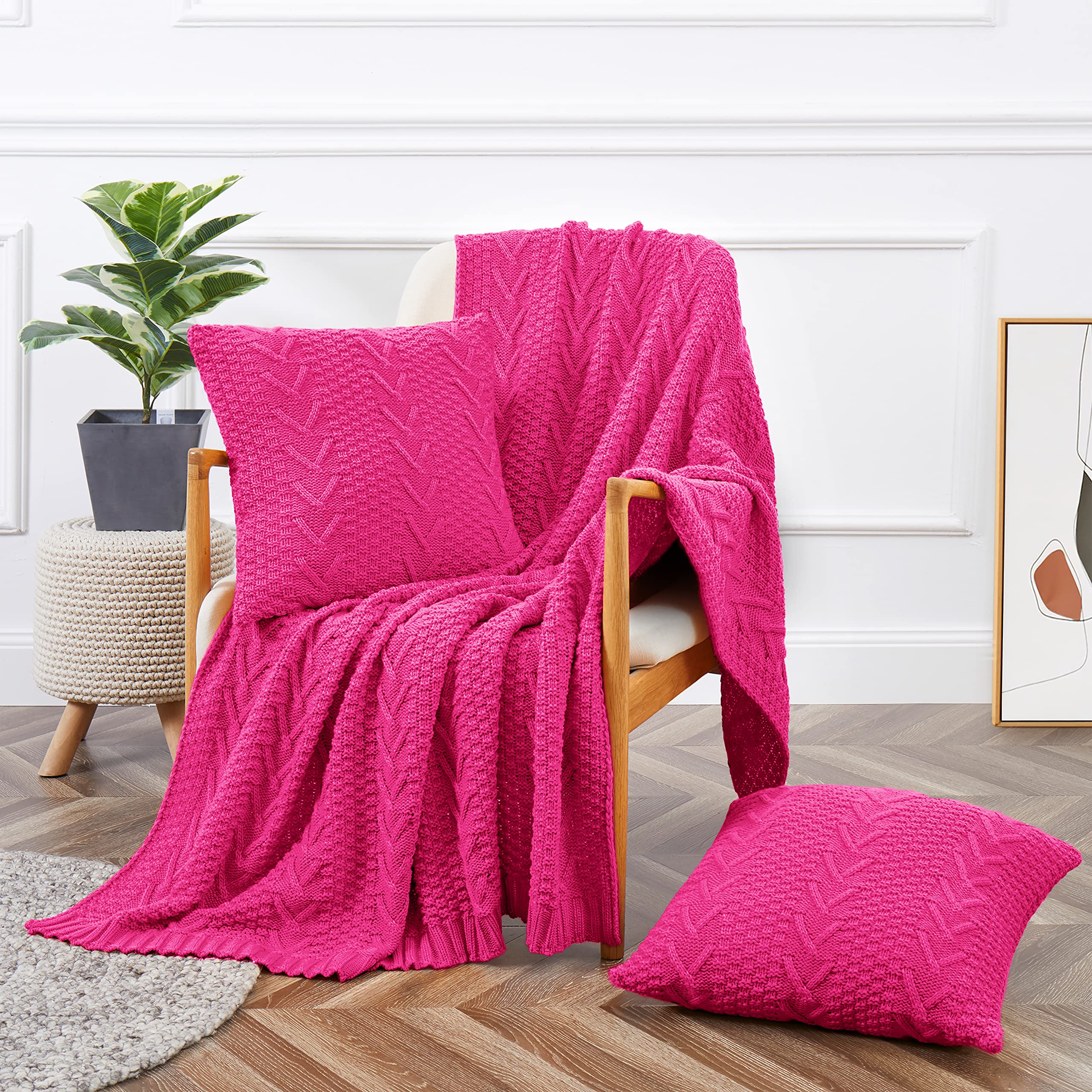 Aormenzy Knitted Throw Blanket (50" x 60") and 2 Pillow Covers (18" x 18"), 3 Piece Grayish Green Throw Blanket Set, Decorative Throw Blankets for Couch Sofa Bed Living Room